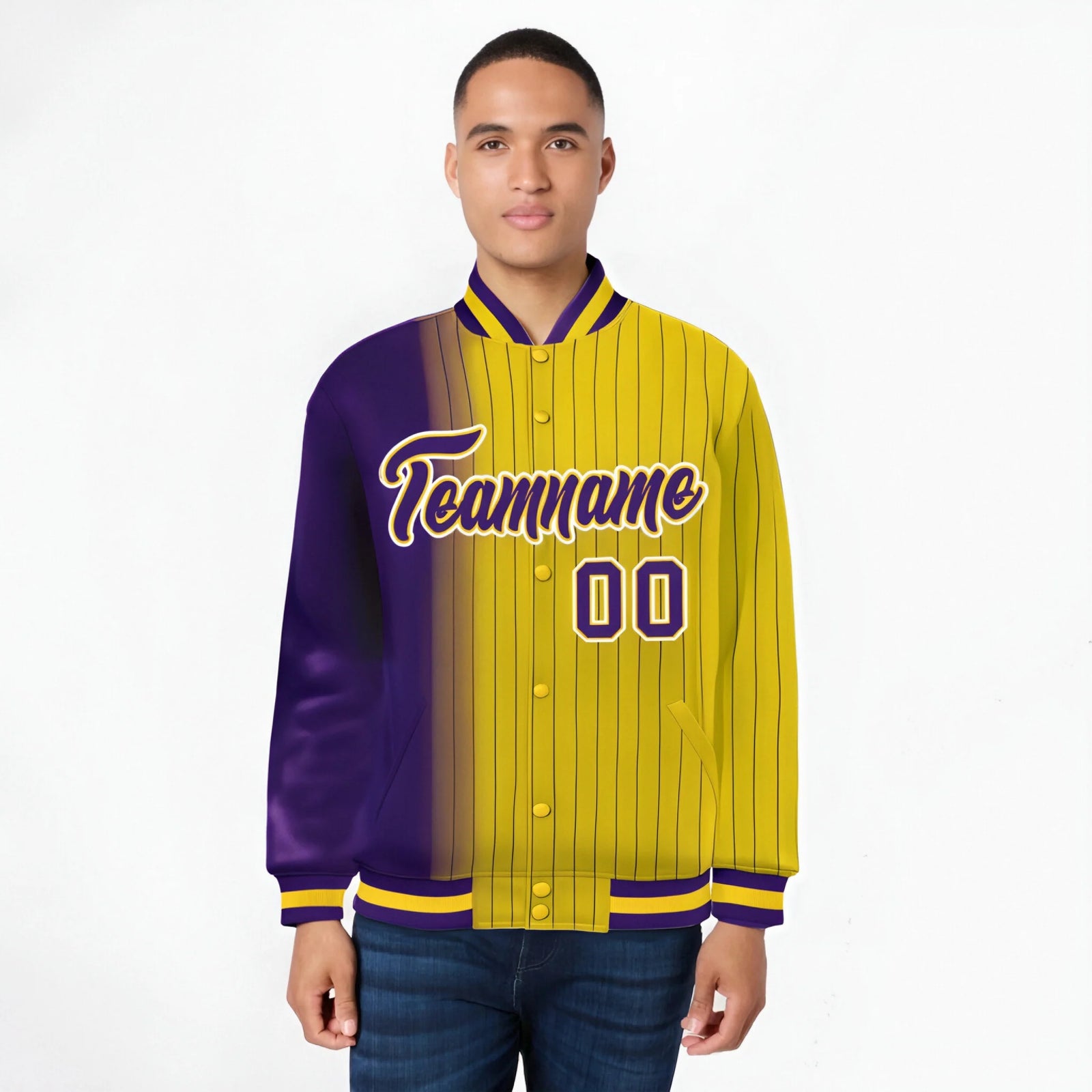 Custom Gold Purple Pinstripe White-Purple Gradient Fashion Varsity Full-Snap Jacket