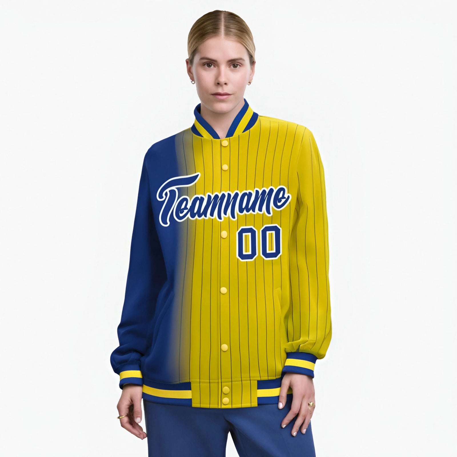 Custom Gold Royal-Blue Pinstripe White-Royal Blue Gradient Fashion Varsity Full-Snap Jacket