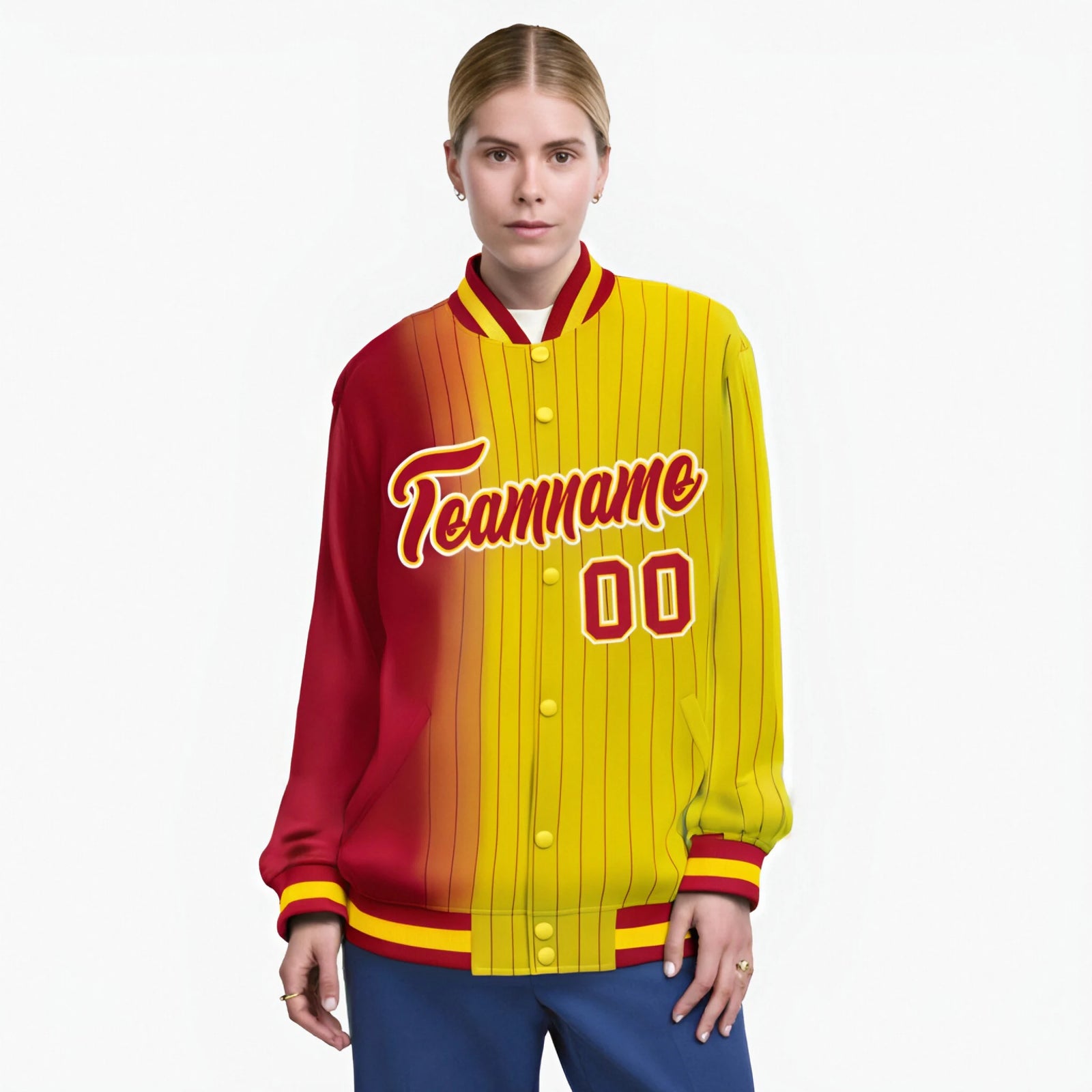 Custom Gold Red Pinstripe White-Red Gradient Fashion Varsity Full-Snap Jacket