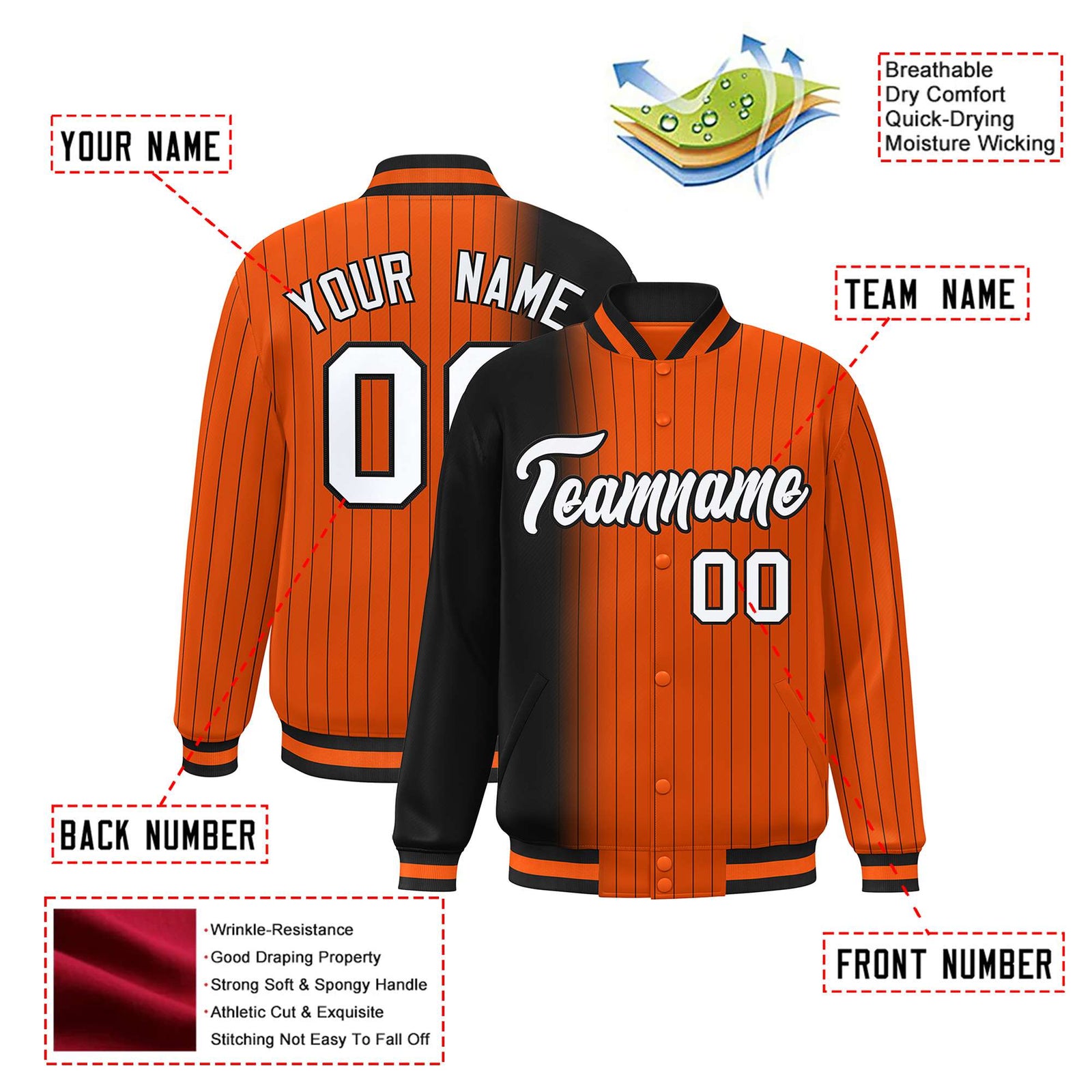 Custom Orange Black Pinstripe White-Black Gradient Fashion Varsity Full-Snap Jacket
