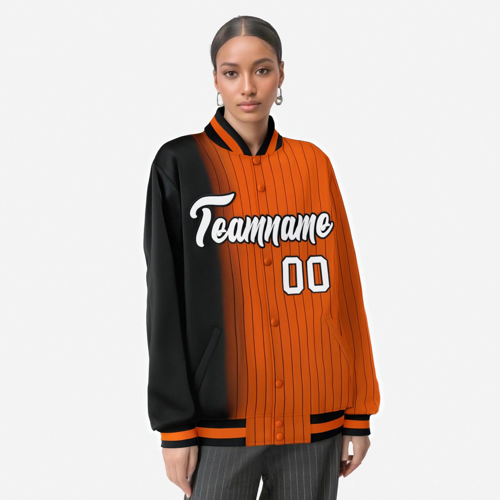 Custom Orange Black Pinstripe White-Black Gradient Fashion Varsity Full-Snap Jacket