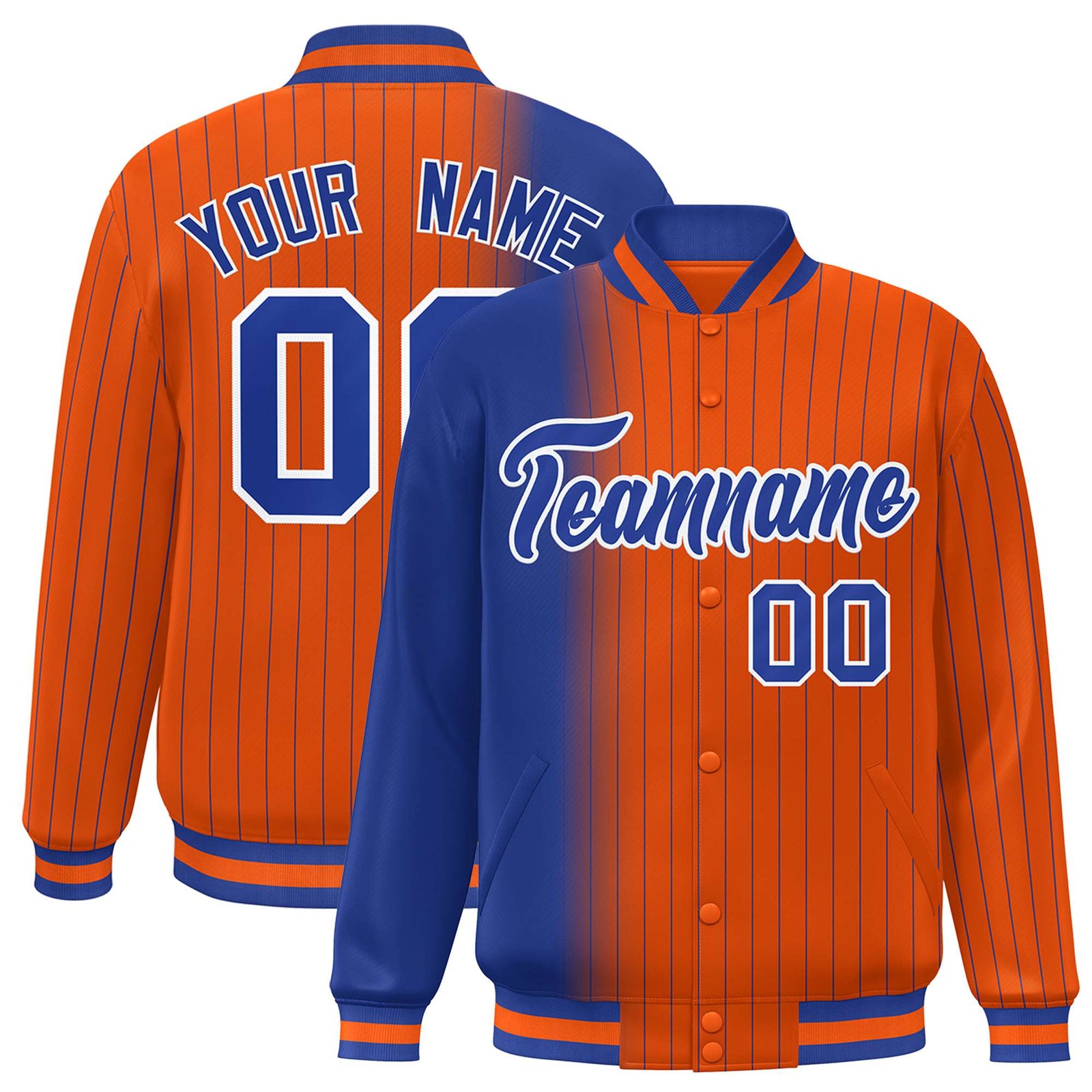 Custom Orange Royal Blue Pinstripe White-Royal Blue Gradient Fashion Varsity Full-Snap Jacket