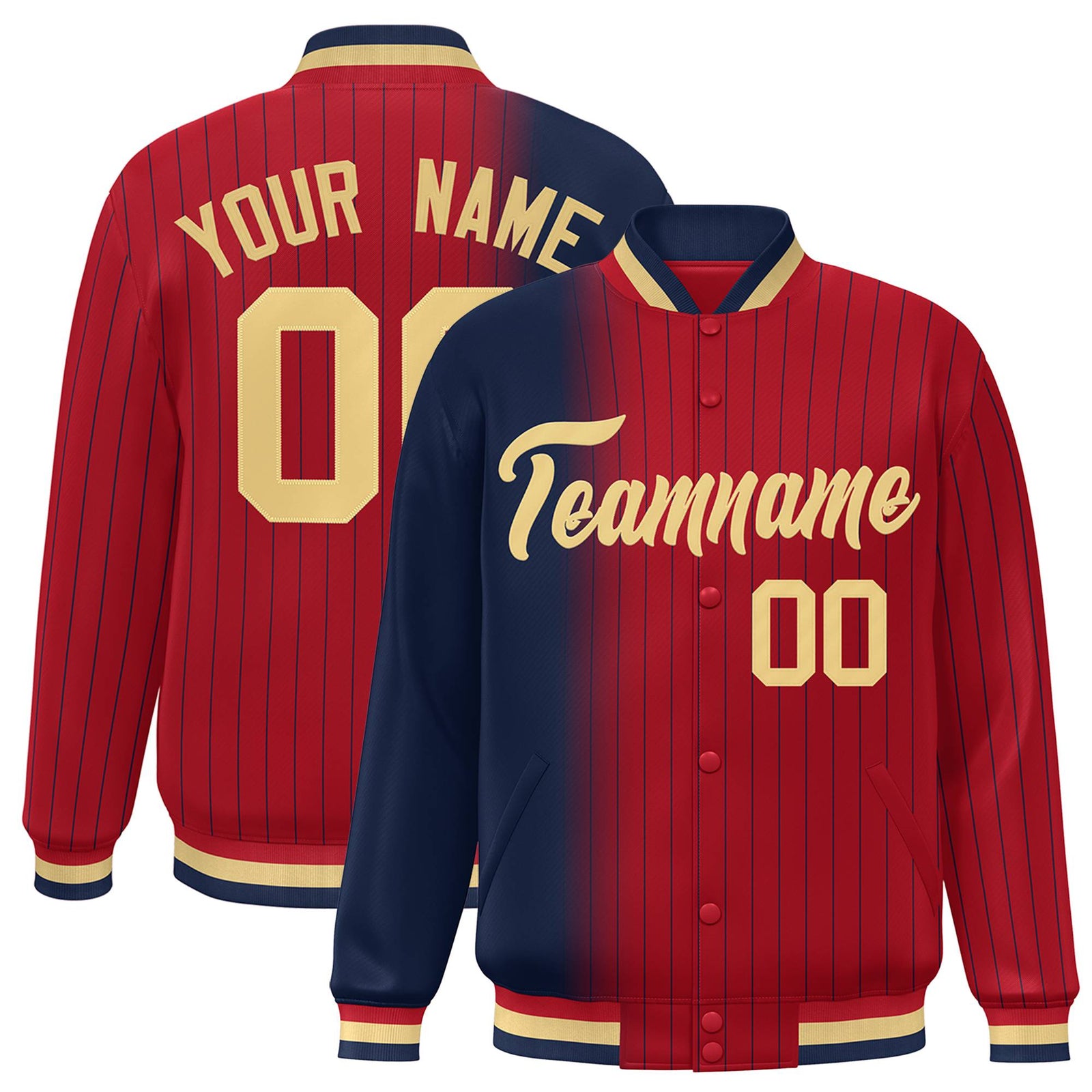 Custom Red Navy Pinstripe Old Gold-Navy Gradient Fashion Varsity Full-Snap Jacket