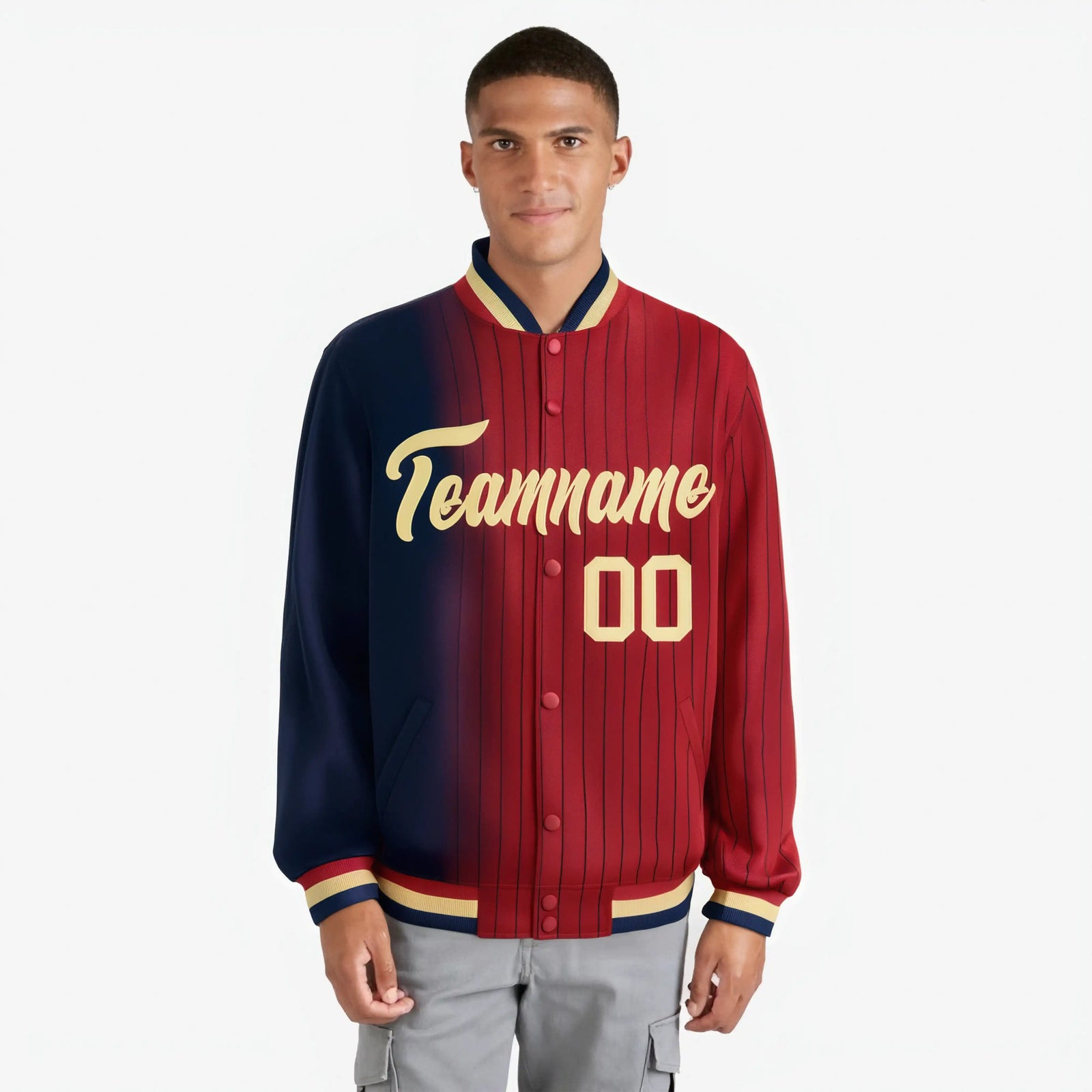 Custom Red Navy Pinstripe Old Gold-Navy Gradient Fashion Varsity Full-Snap Jacket