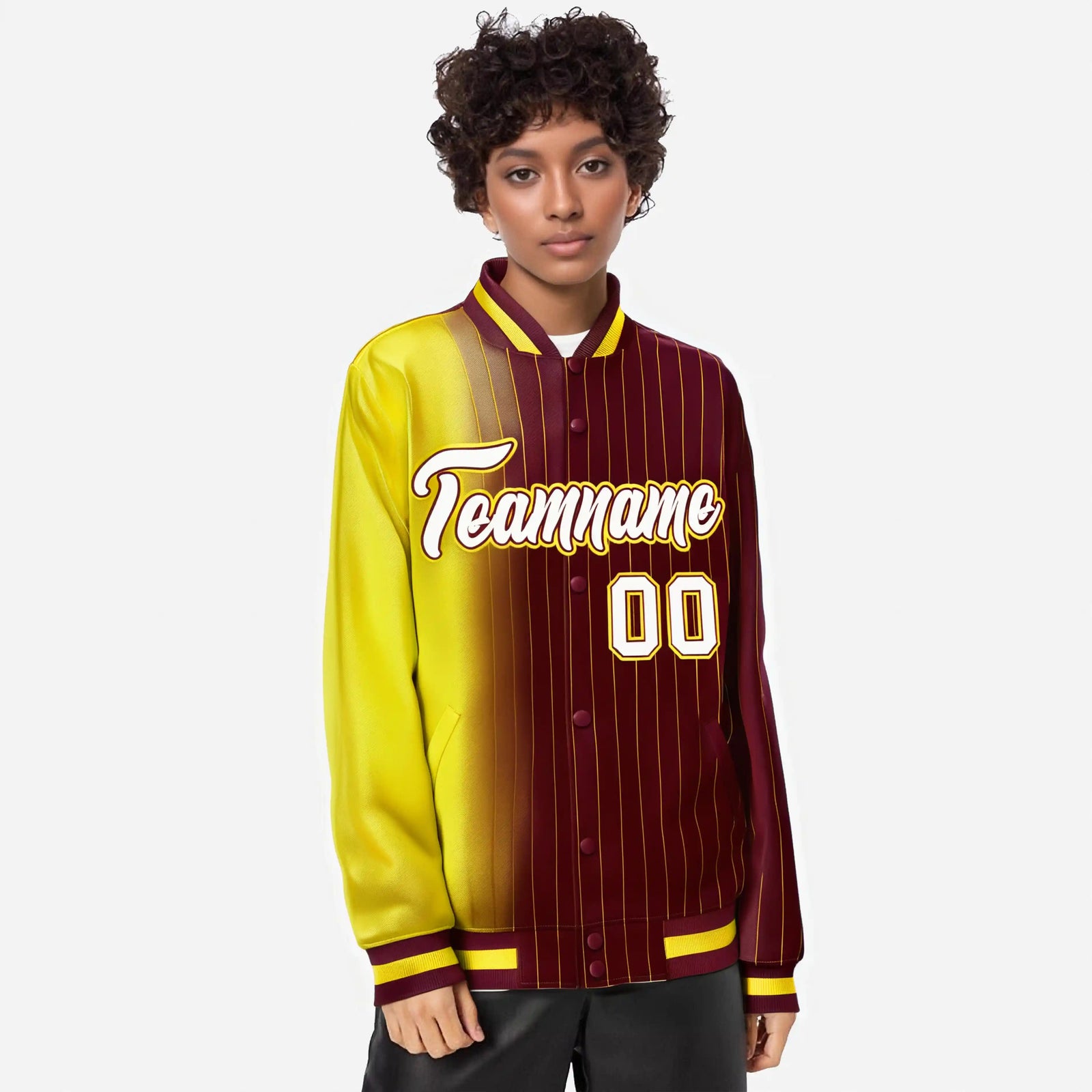 Custom Crimson Gold Pinstripe White-Gold Gradient Fashion Varsity Full-Snap Jacket