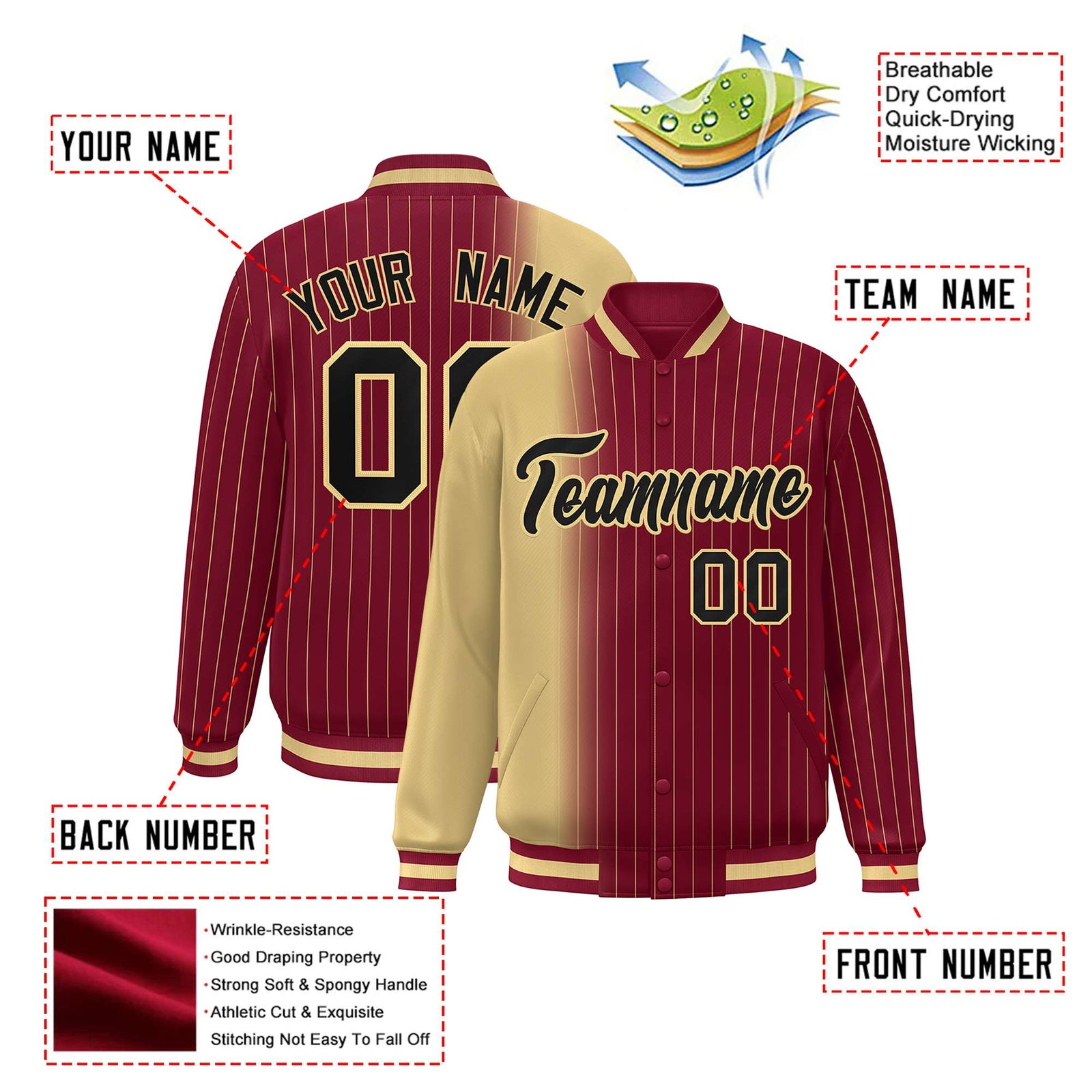 Custom Crimson Khaki Pinstripe Black-Khaki Gradient Fashion Varsity Full-Snap Jacket