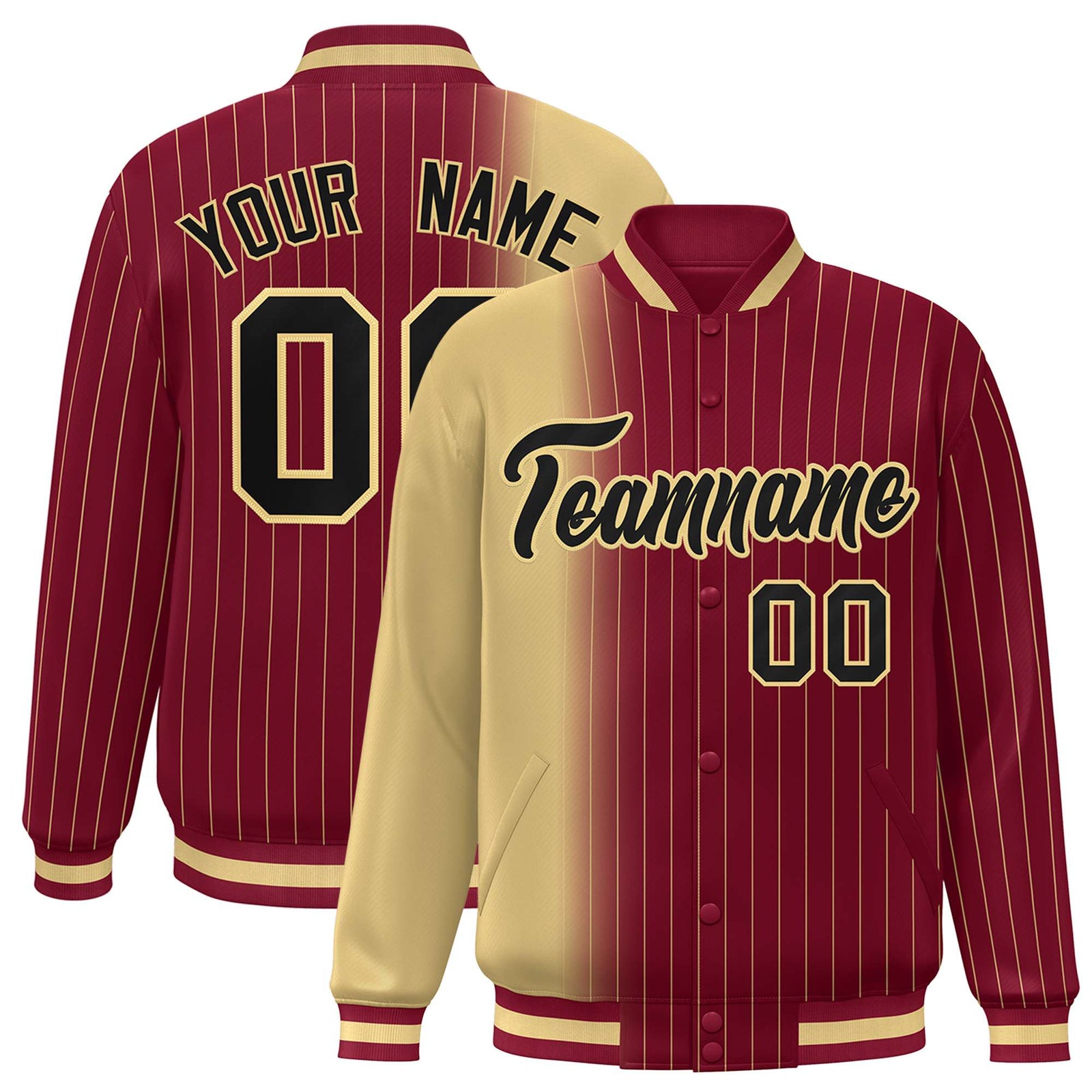 Custom Crimson Khaki Pinstripe Black-Khaki Gradient Fashion Varsity Full-Snap Jacket