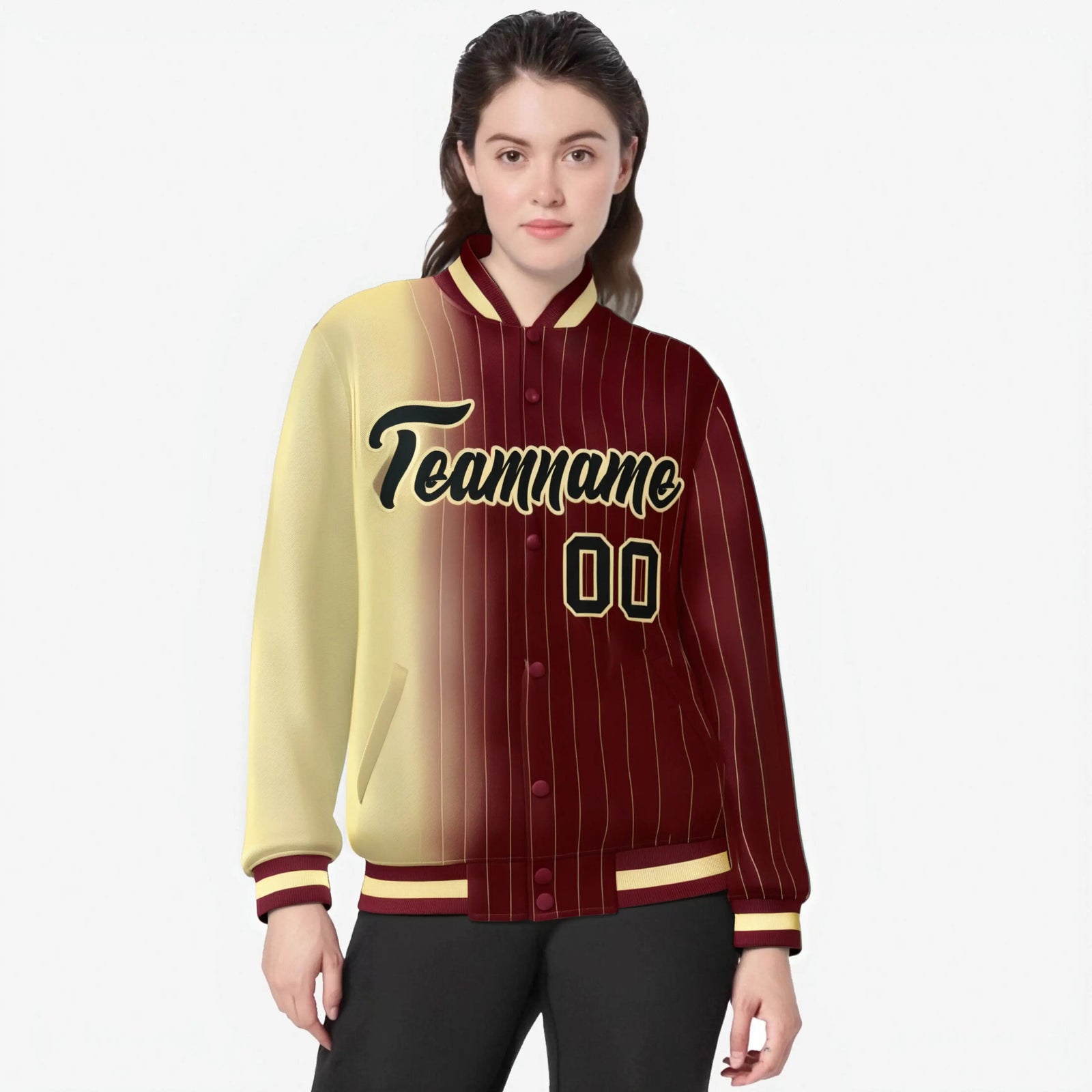 Custom Crimson Khaki Pinstripe Black-Khaki Gradient Fashion Varsity Full-Snap Jacket