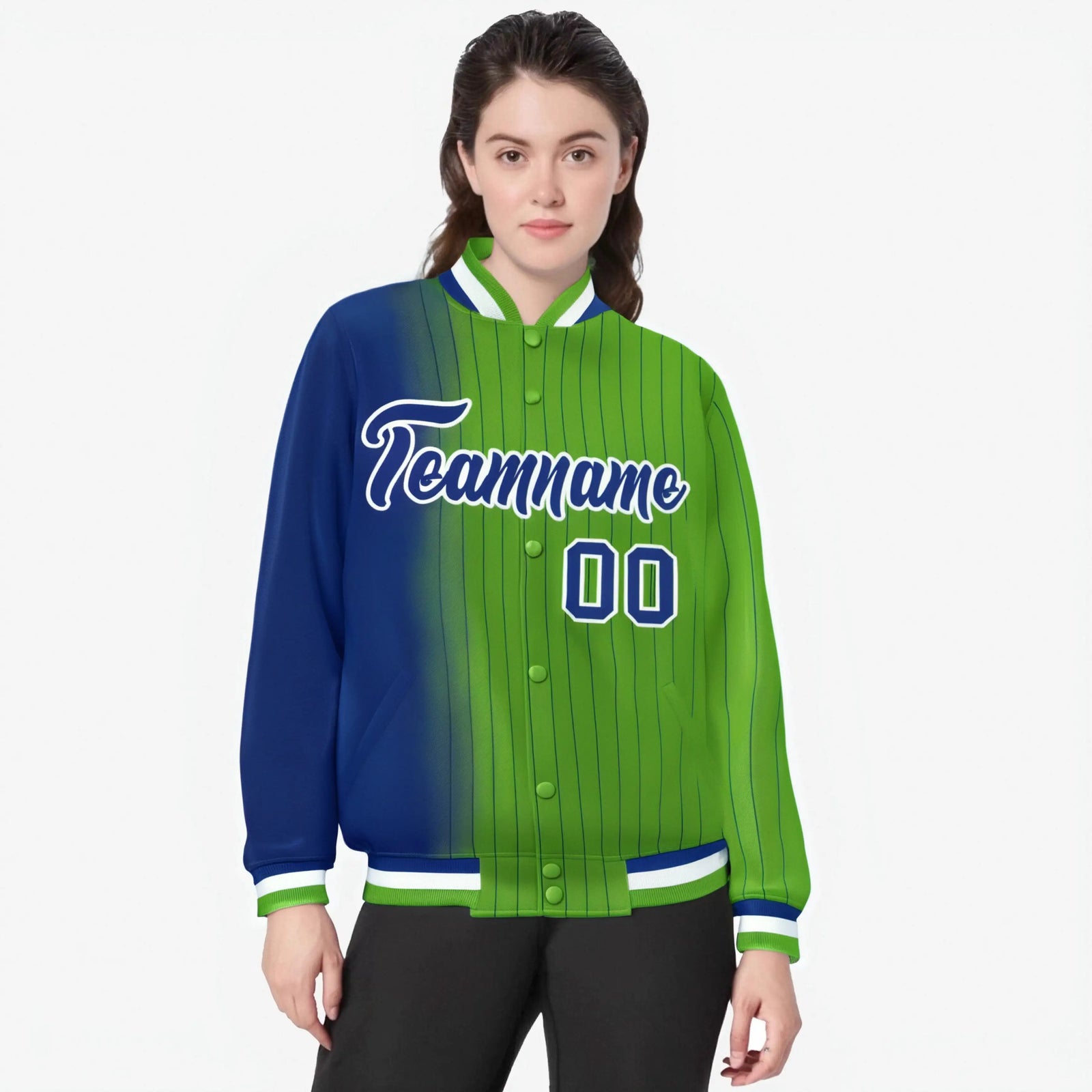Custom Neon Green Royal-Blue Pinstripe White-Royal Blue Gradient Fashion Varsity Full-Snap Jacket