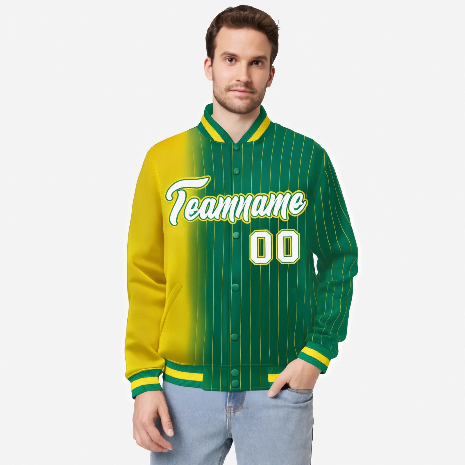 Custom Kelly Green Gold Pinstripe White-Gold Gradient Fashion Varsity Full-Snap Jacket