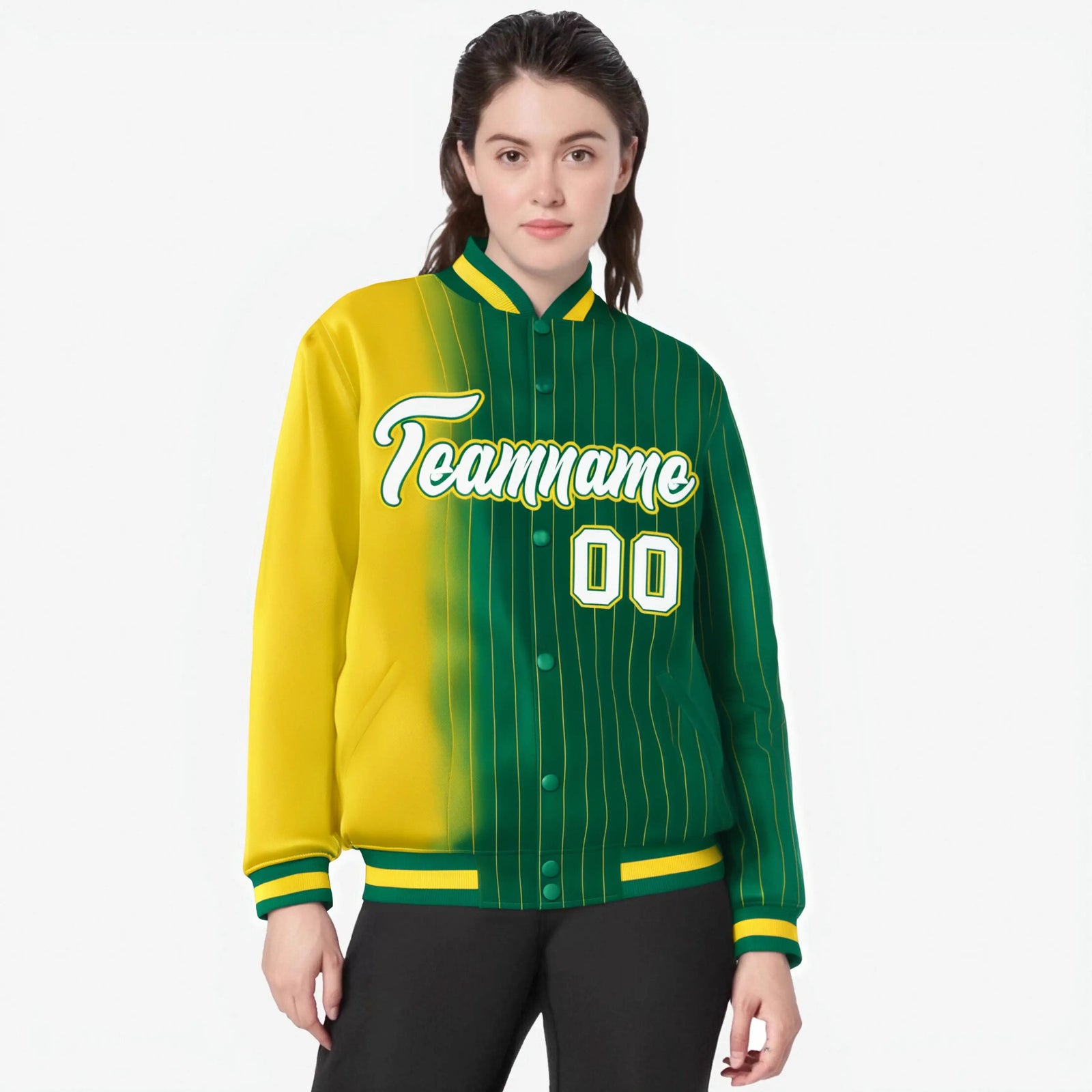 Custom Kelly Green Gold Pinstripe White-Gold Gradient Fashion Varsity Full-Snap Jacket