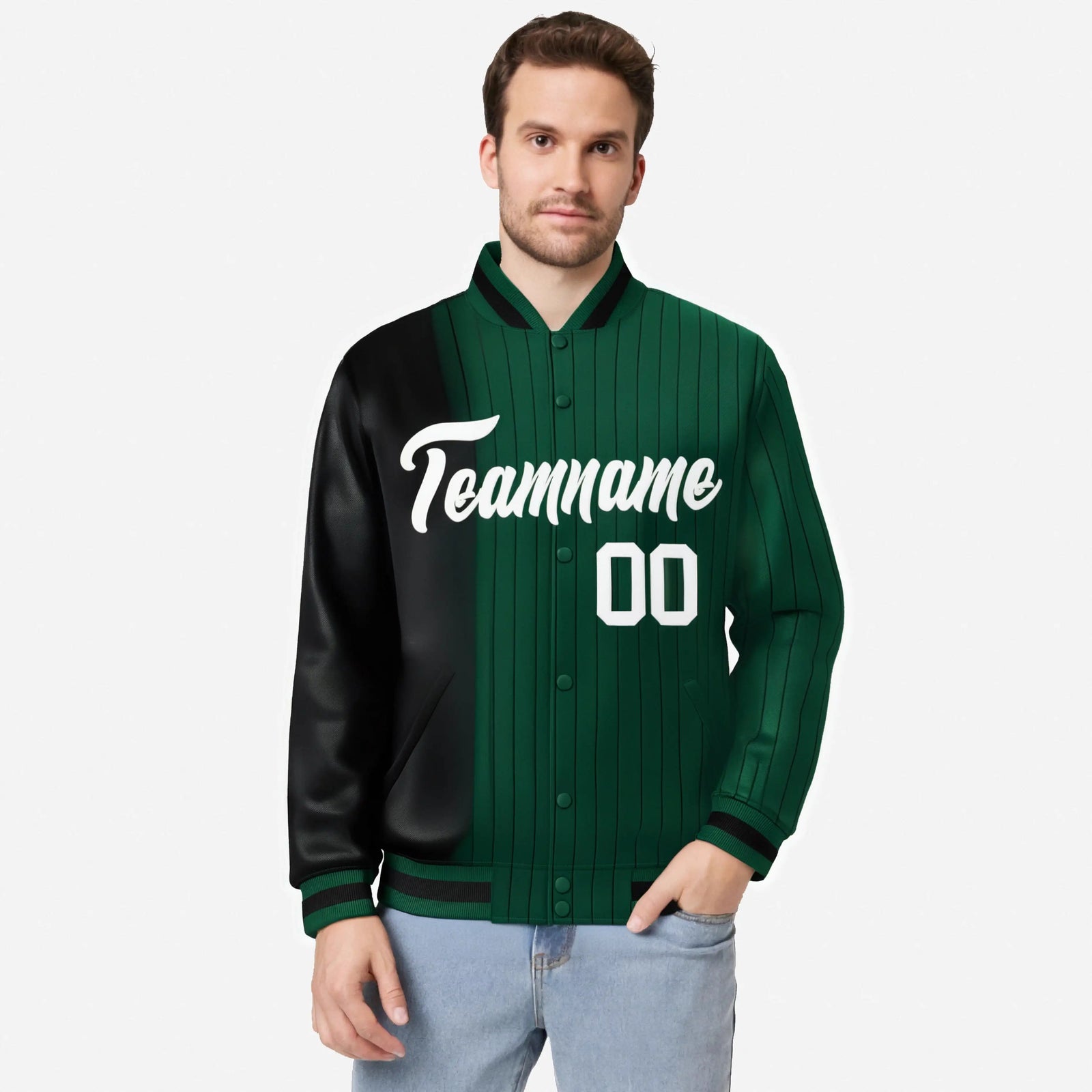 Custom Green Black Pinstripe White-Black Gradient Fashion Varsity Full-Snap Jacket