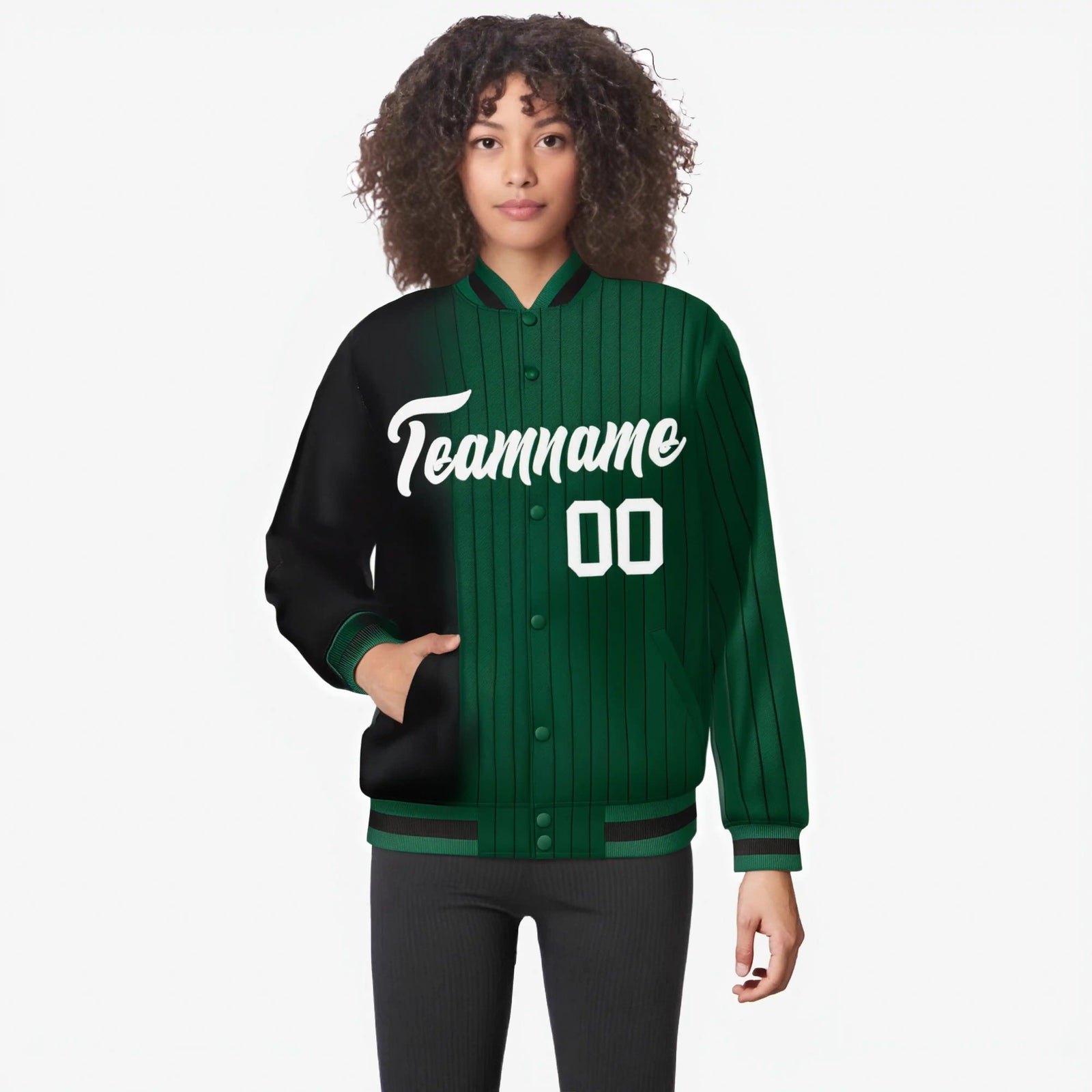Custom Green Black Pinstripe White-Black Gradient Fashion Varsity Full-Snap Jacket