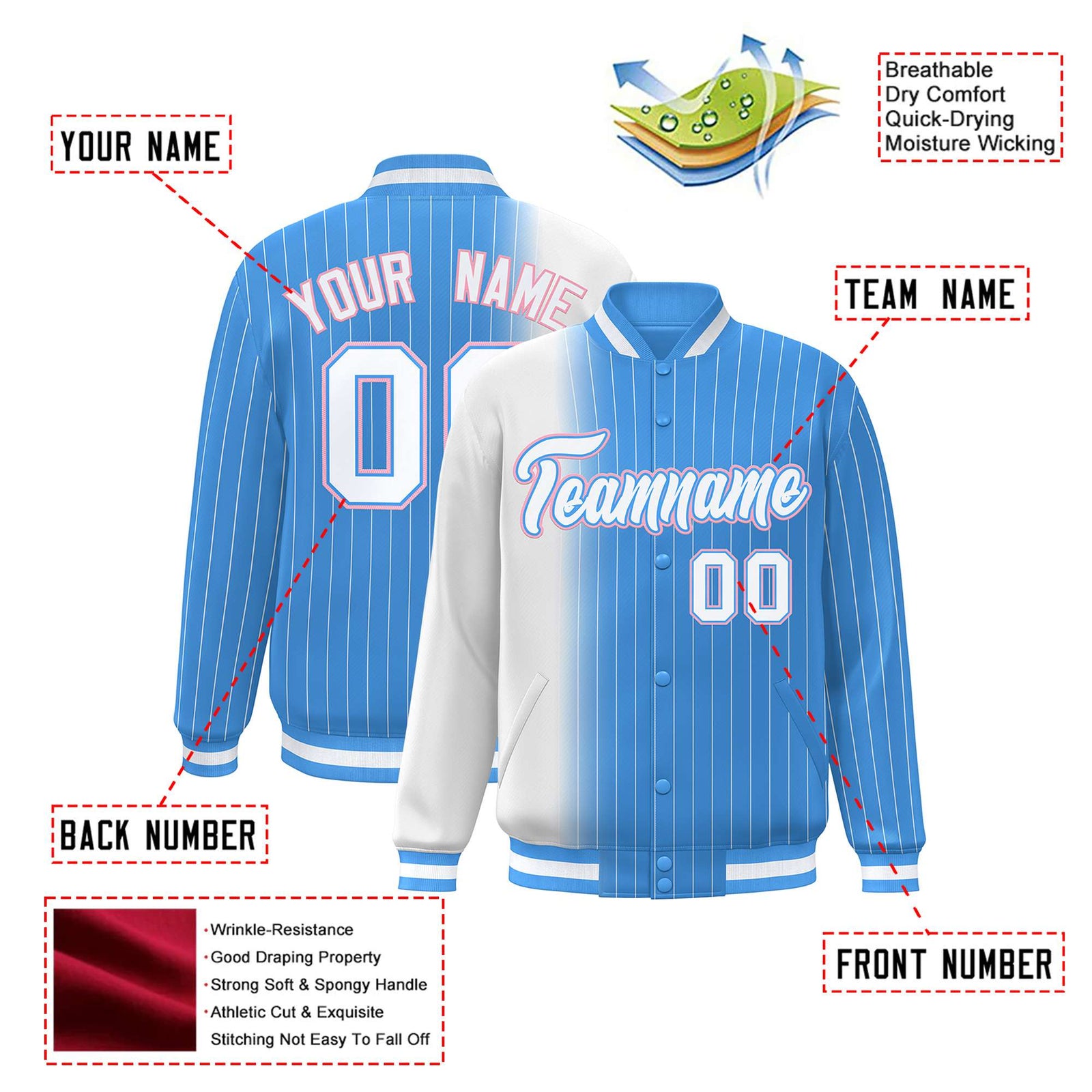 Custom Powder Blue White Pinstripe Powder Blue-White Gradient Fashion Varsity Full-Snap Jacket