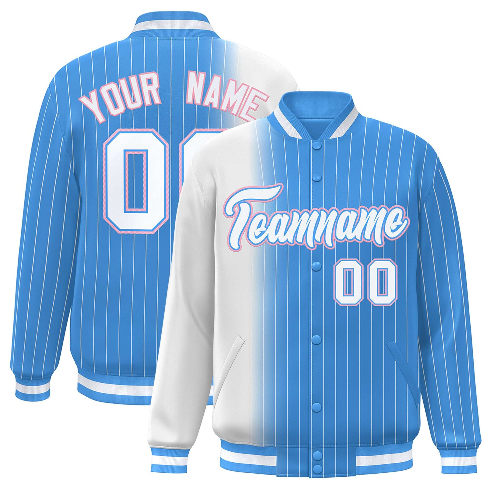 Custom Powder Blue White Pinstripe Powder Blue-White Gradient Fashion Varsity Full-Snap Jacket
