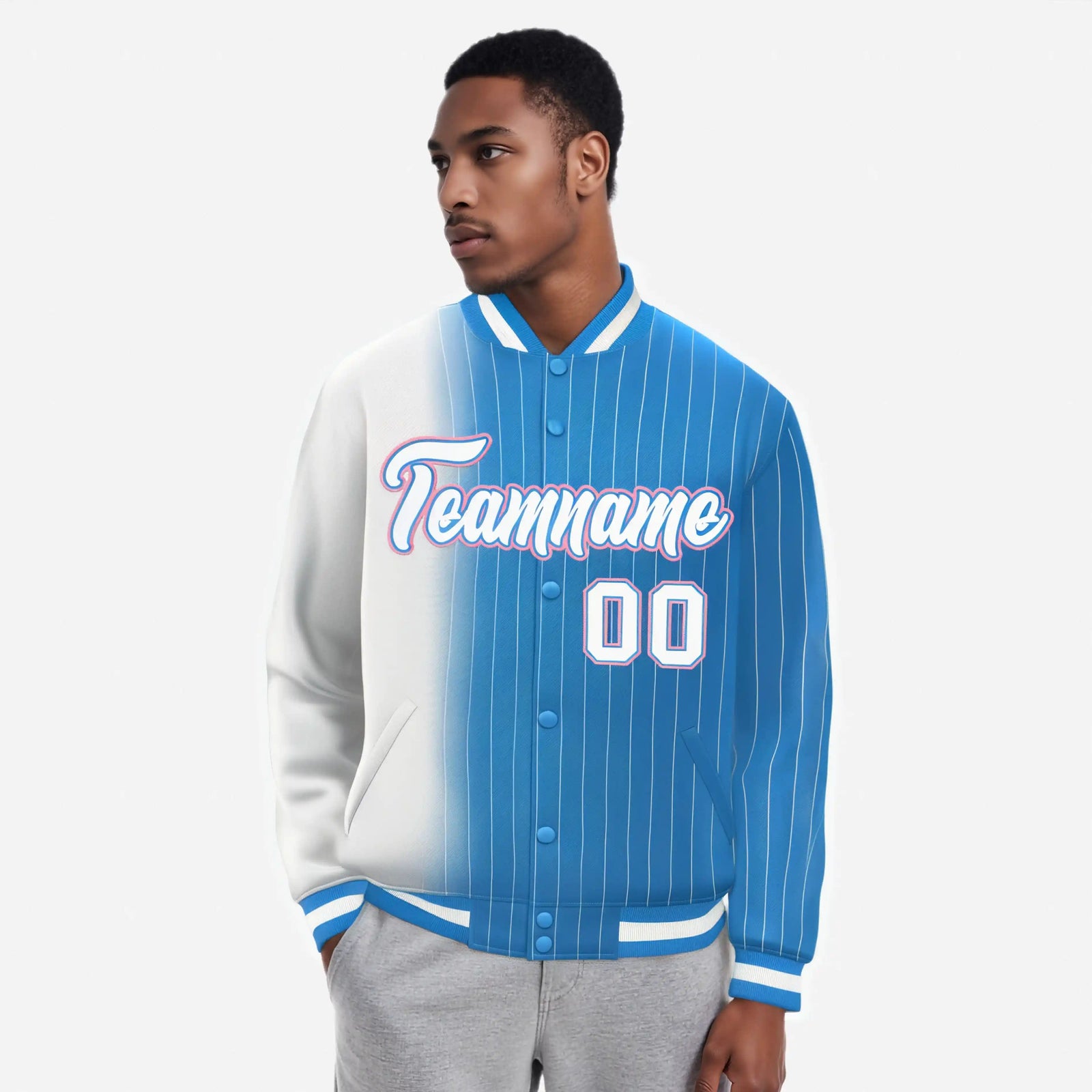 Custom Powder Blue White Pinstripe Powder Blue-White Gradient Fashion Varsity Full-Snap Jacket