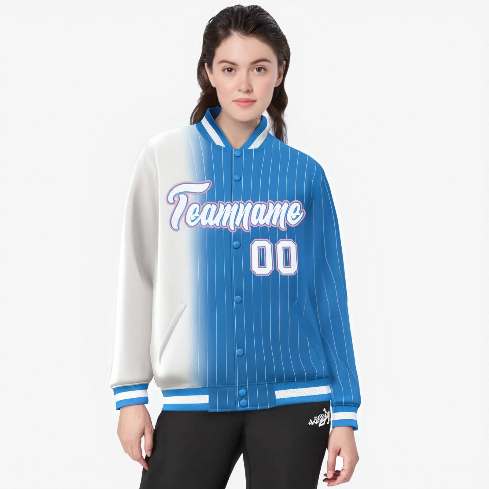 Custom Powder Blue White Pinstripe Powder Blue-White Gradient Fashion Varsity Full-Snap Jacket