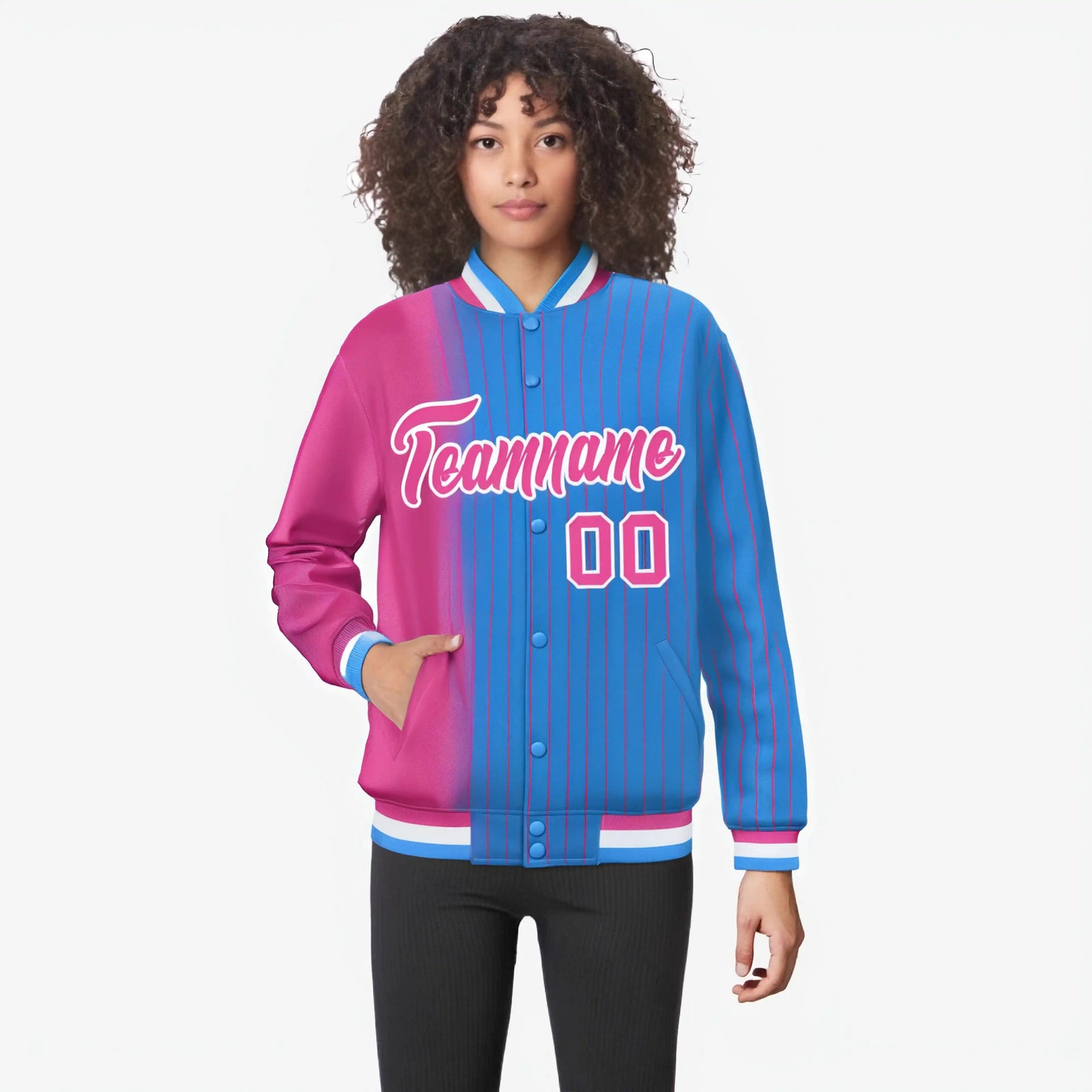 Custom Powder Blue Pink Pinstripe White-Pink Gradient Fashion Varsity Full-Snap Jacket
