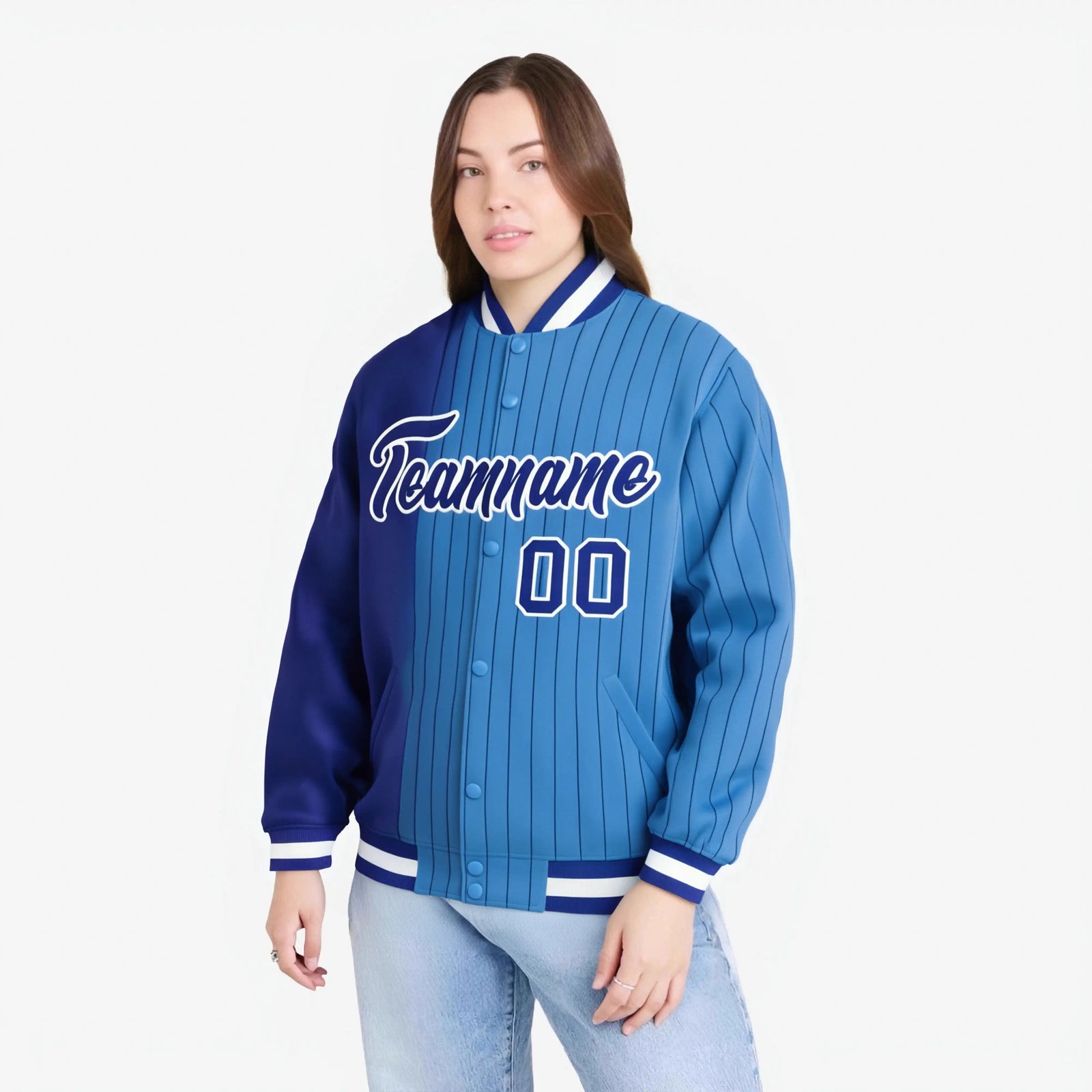 Custom Powder Blue Royal-Blue Pinstripe White-Royal Blue Gradient Fashion Varsity Full-Snap Jacket