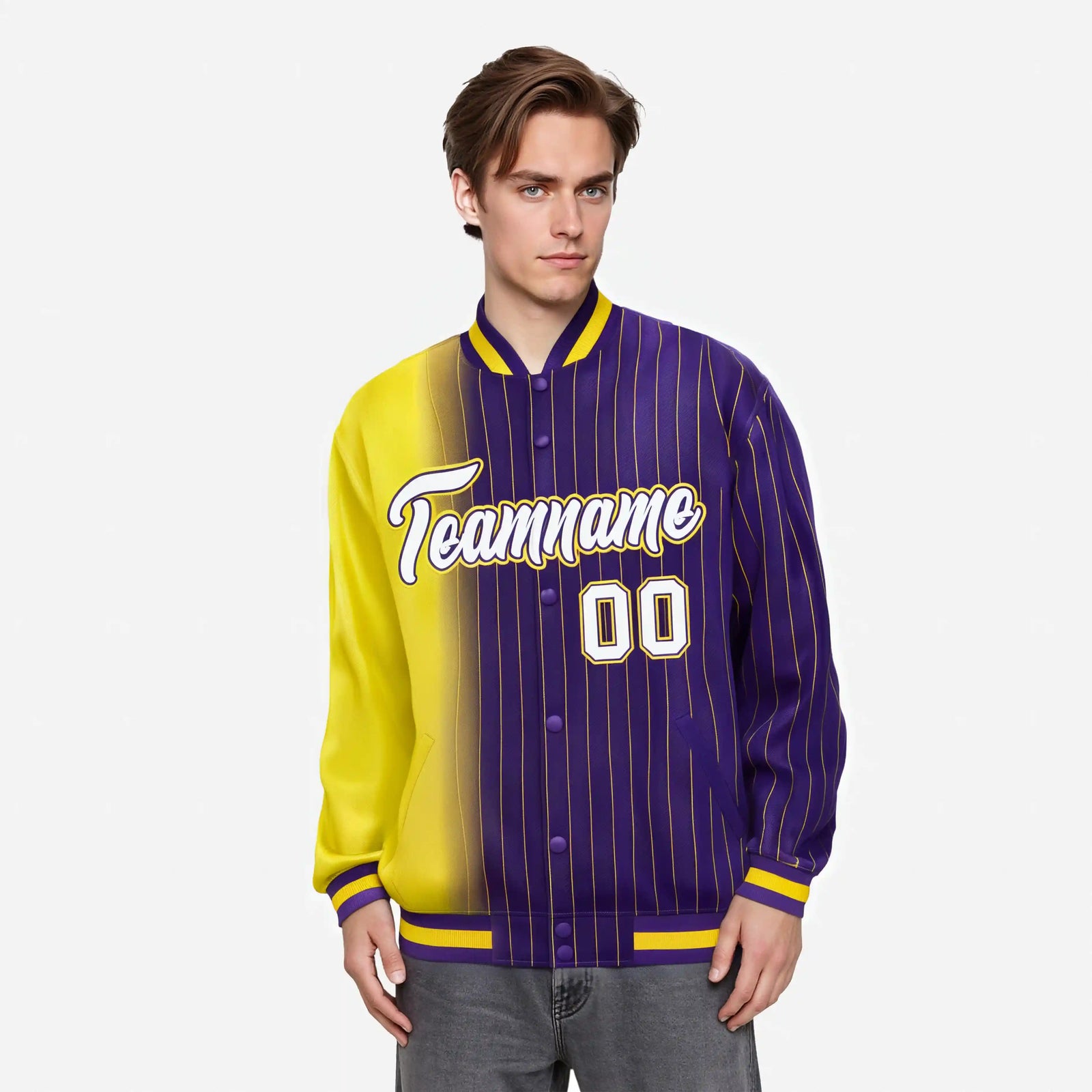 Custom Purple Gold Pinstripe White-Gold Gradient Fashion Varsity Full-Snap Jacket
