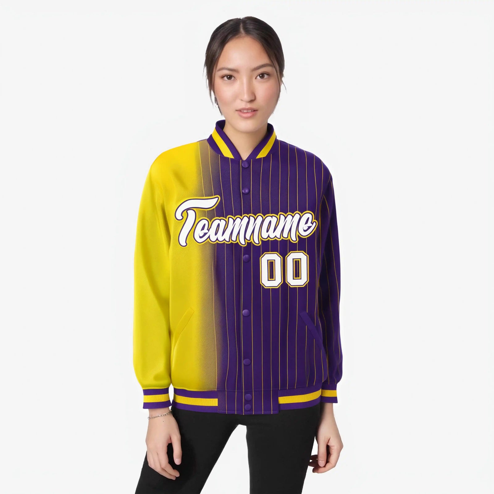 Custom Purple Gold Pinstripe White-Gold Gradient Fashion Varsity Full-Snap Jacket