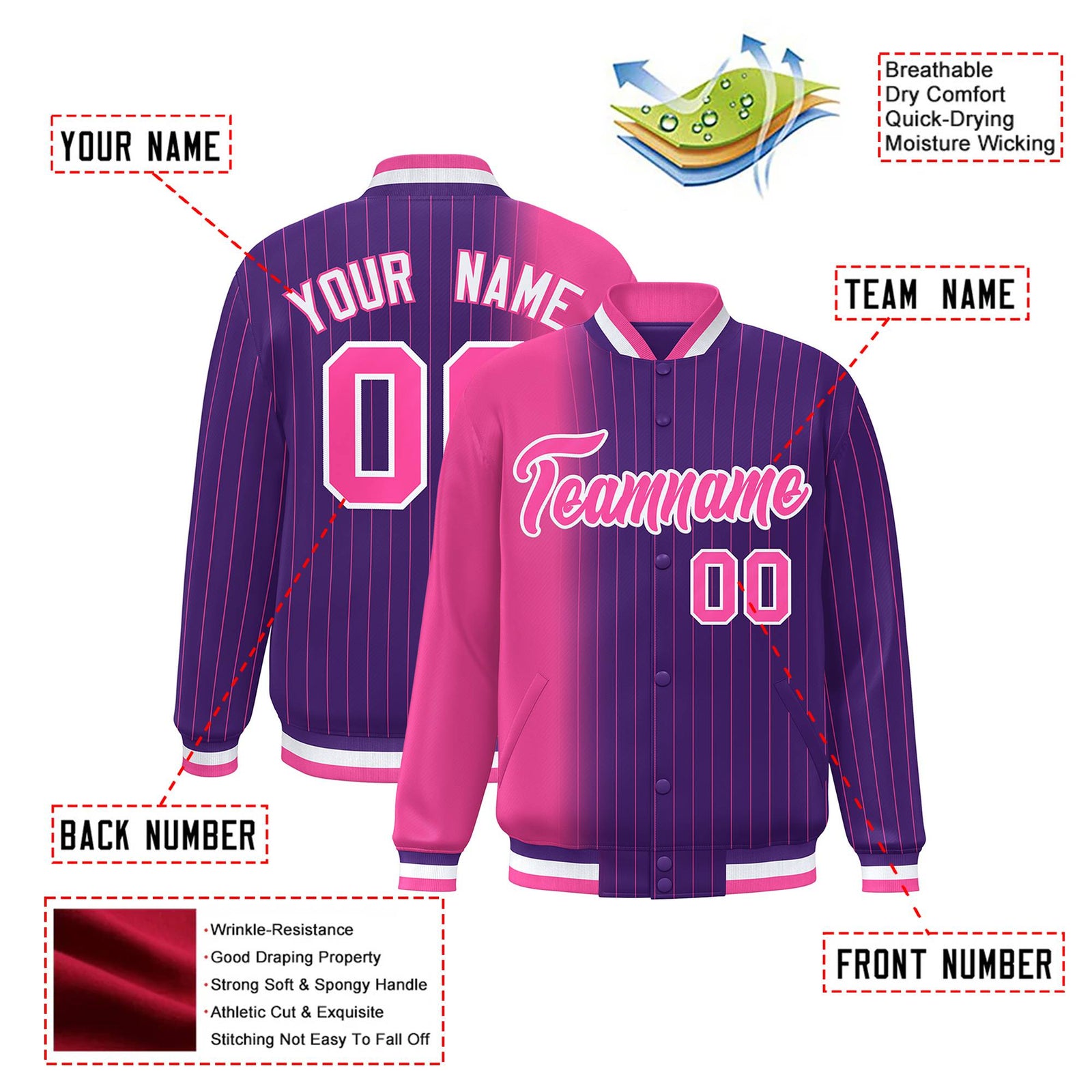 Custom Purple Pink Pinstripe White-Pink Gradient Fashion Varsity Full-Snap Jacket