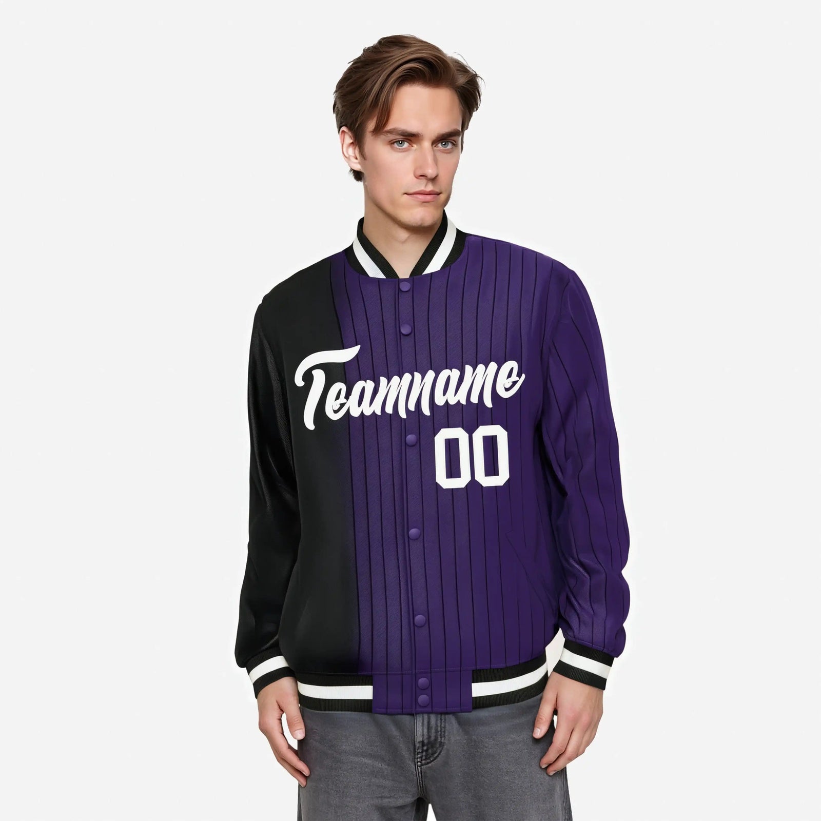 Custom Purple Black Pinstripe White-Black Gradient Fashion Varsity Full-Snap Jacket