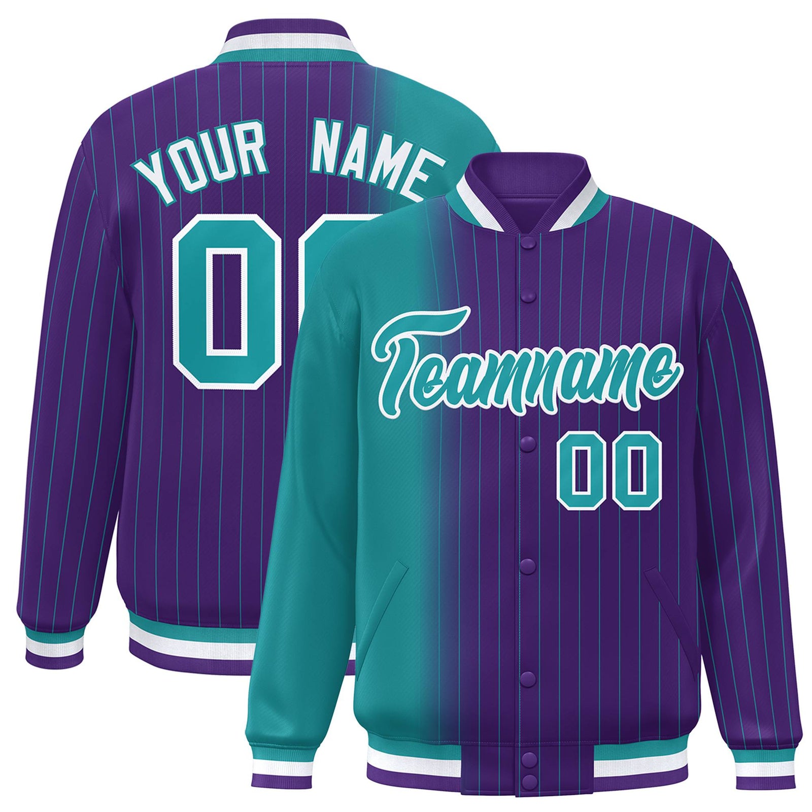 Custom Purple Aqua Pinstripe White-Aqua Gradient Fashion Varsity Full-Snap Jacket