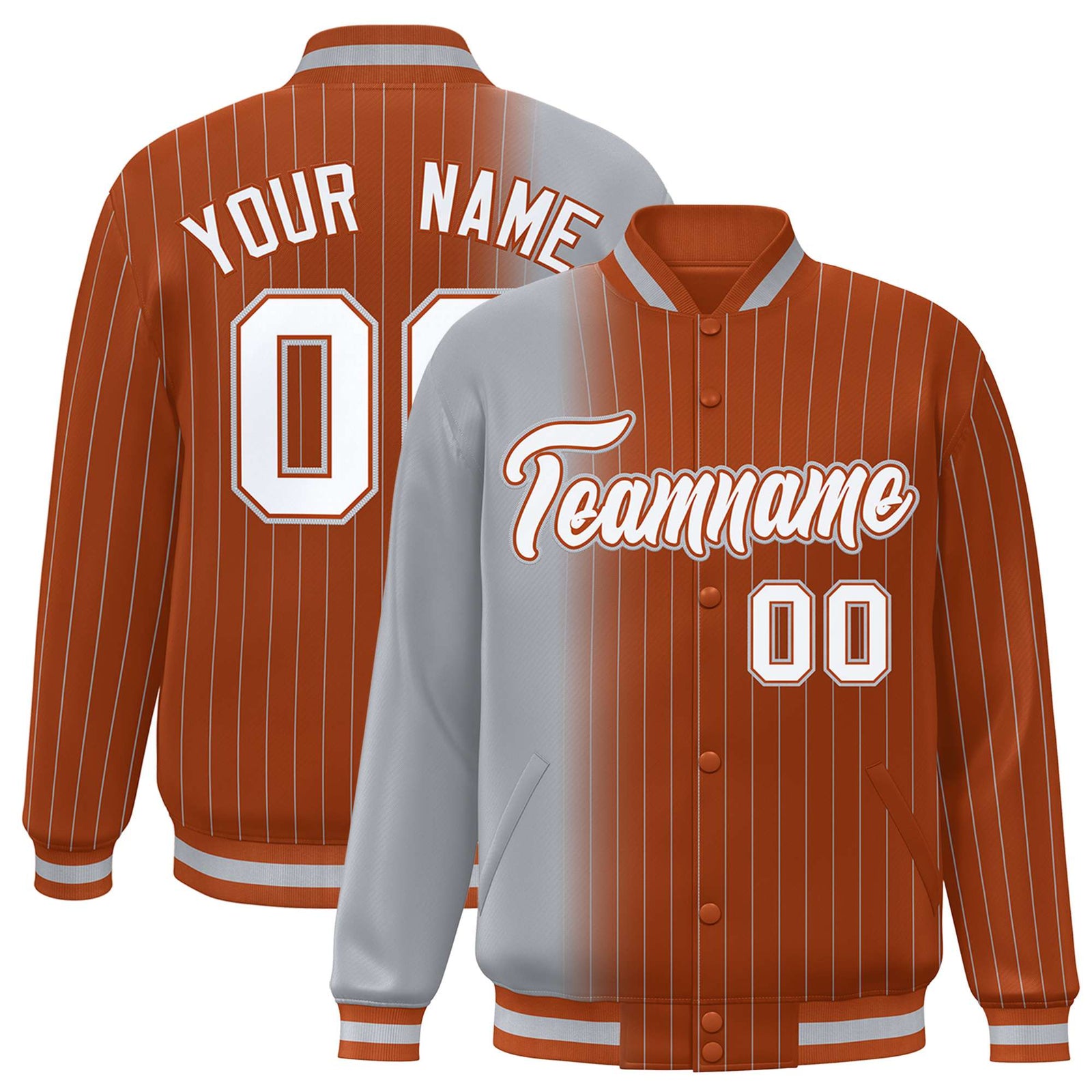 Custom Gray Orange Pinstripe White-Gray Gradient Fashion Varsity Full-Snap Jacket