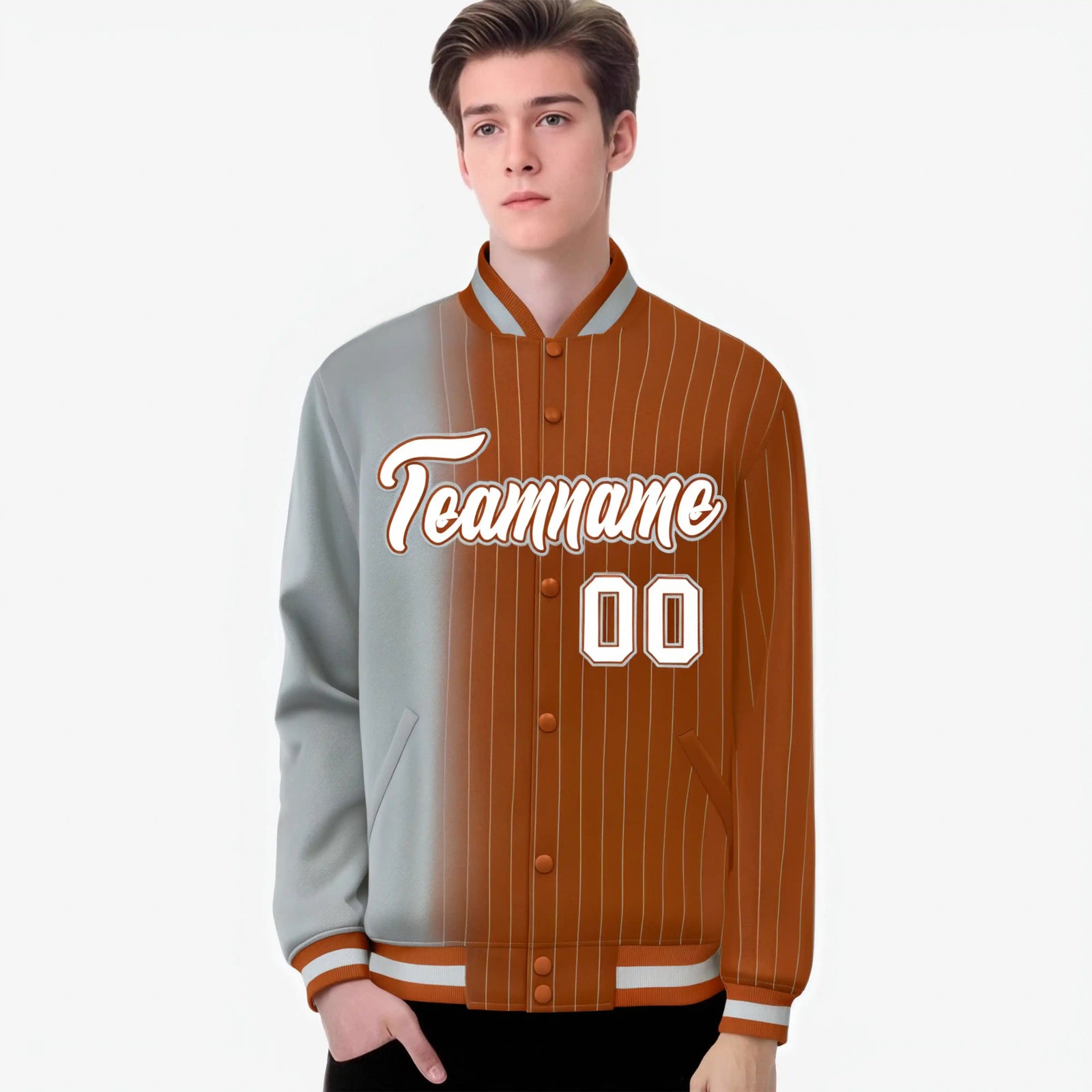 Custom Gray Orange Pinstripe White-Gray Gradient Fashion Varsity Full-Snap Jacket