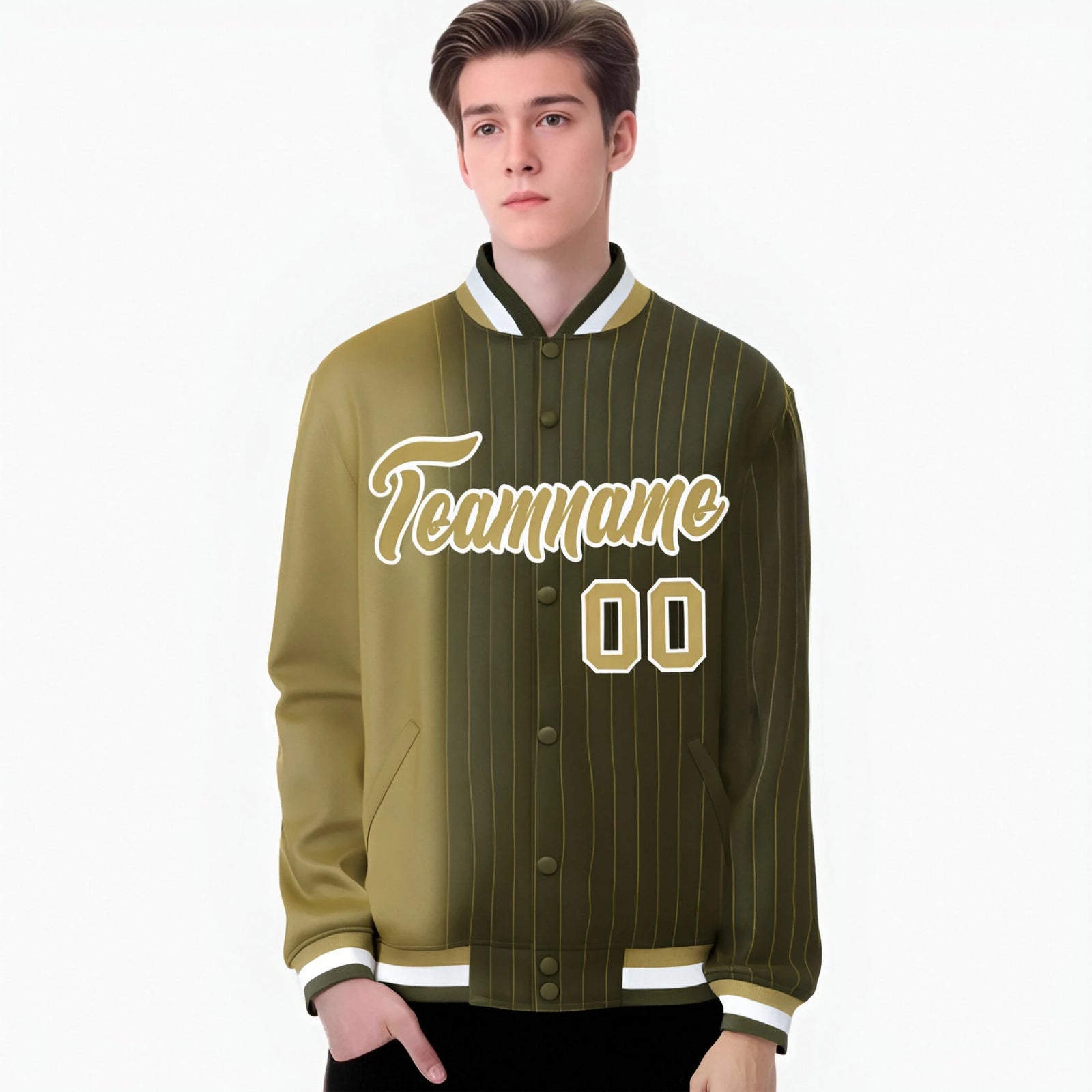 Custom Olive Old Gold Pinstripe White-Old Gold Gradient Fashion Varsity Full-Snap Jacket