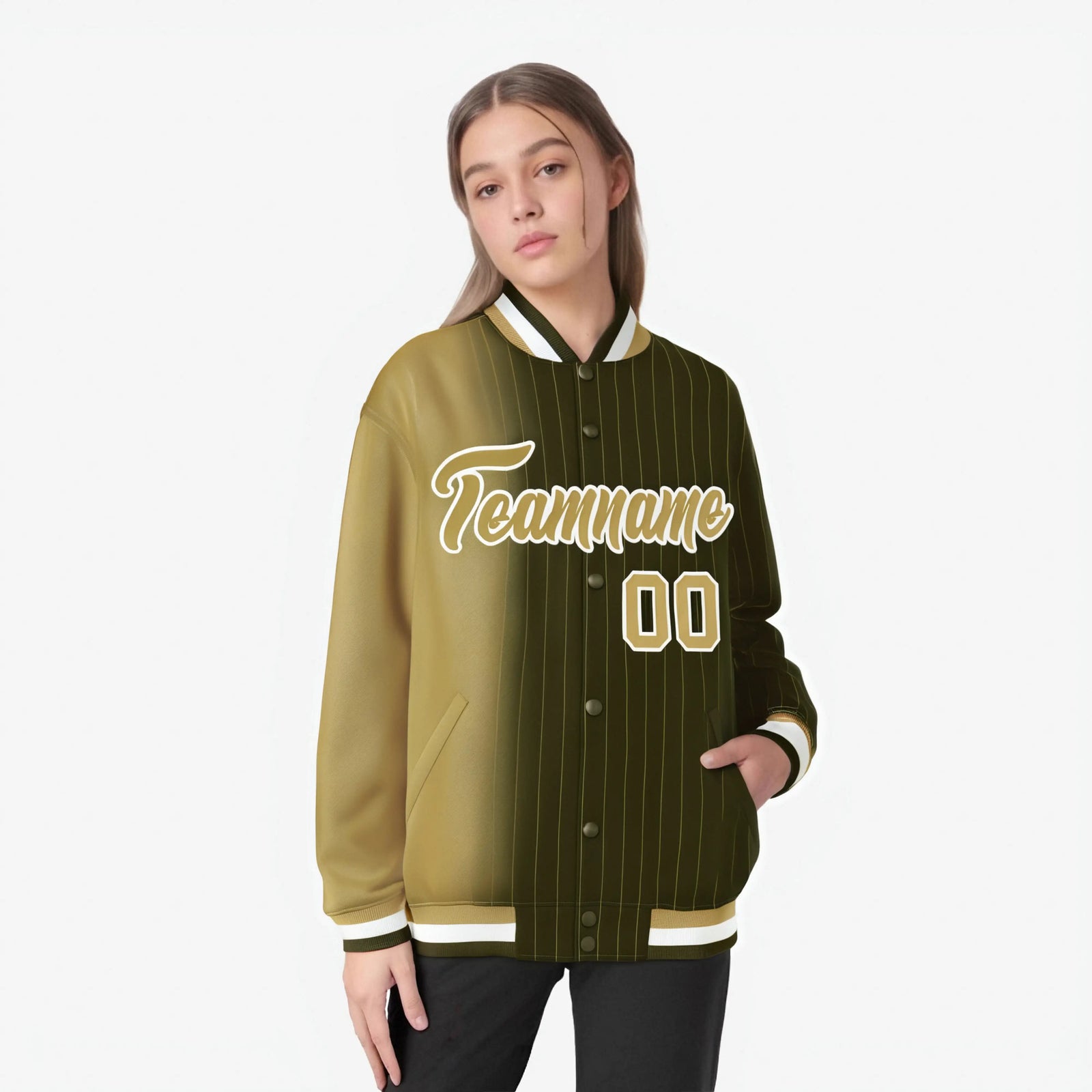 Custom Olive Old Gold Pinstripe White-Old Gold Gradient Fashion Varsity Full-Snap Jacket
