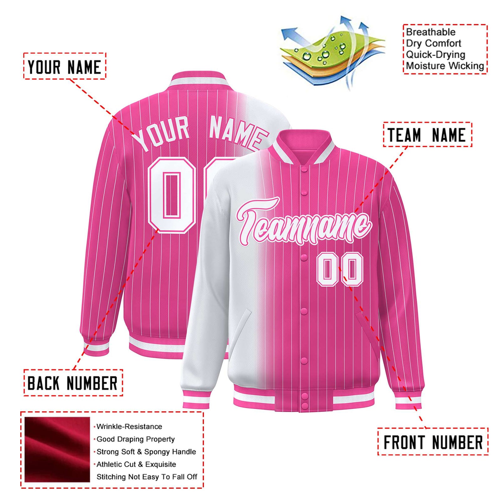 Custom Pink White Pinstripe Pink-White Gradient Fashion Varsity Full-Snap Jacket