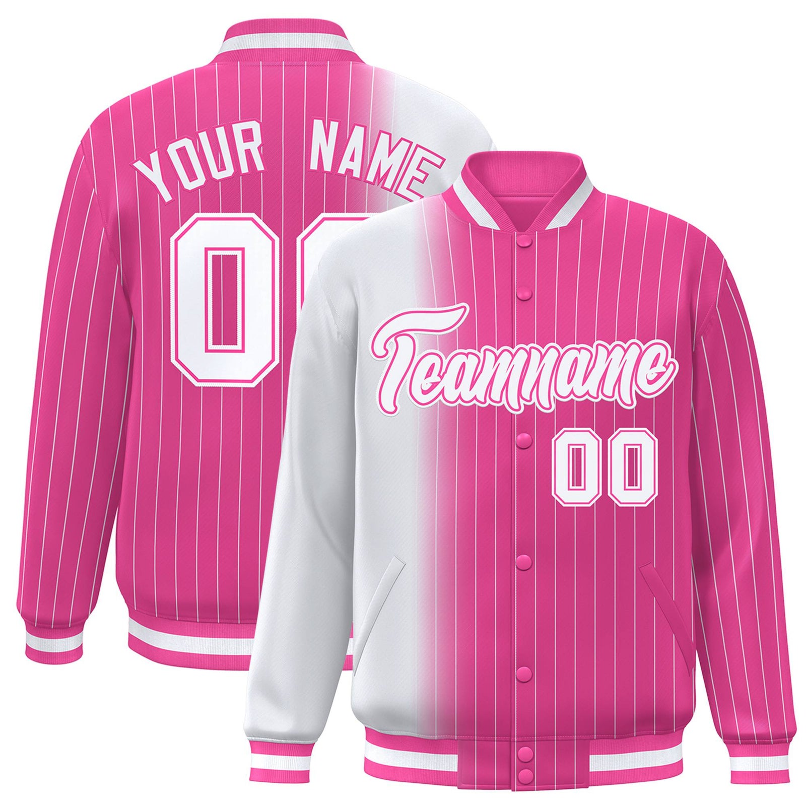 Custom Pink White Pinstripe Pink-White Gradient Fashion Varsity Full-Snap Jacket