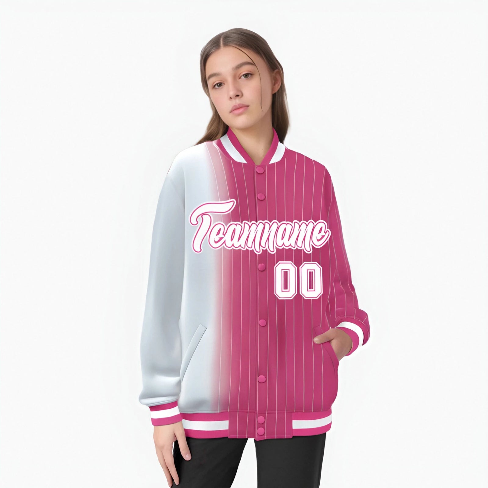 Custom Pink White Pinstripe Pink-White Gradient Fashion Varsity Full-Snap Jacket