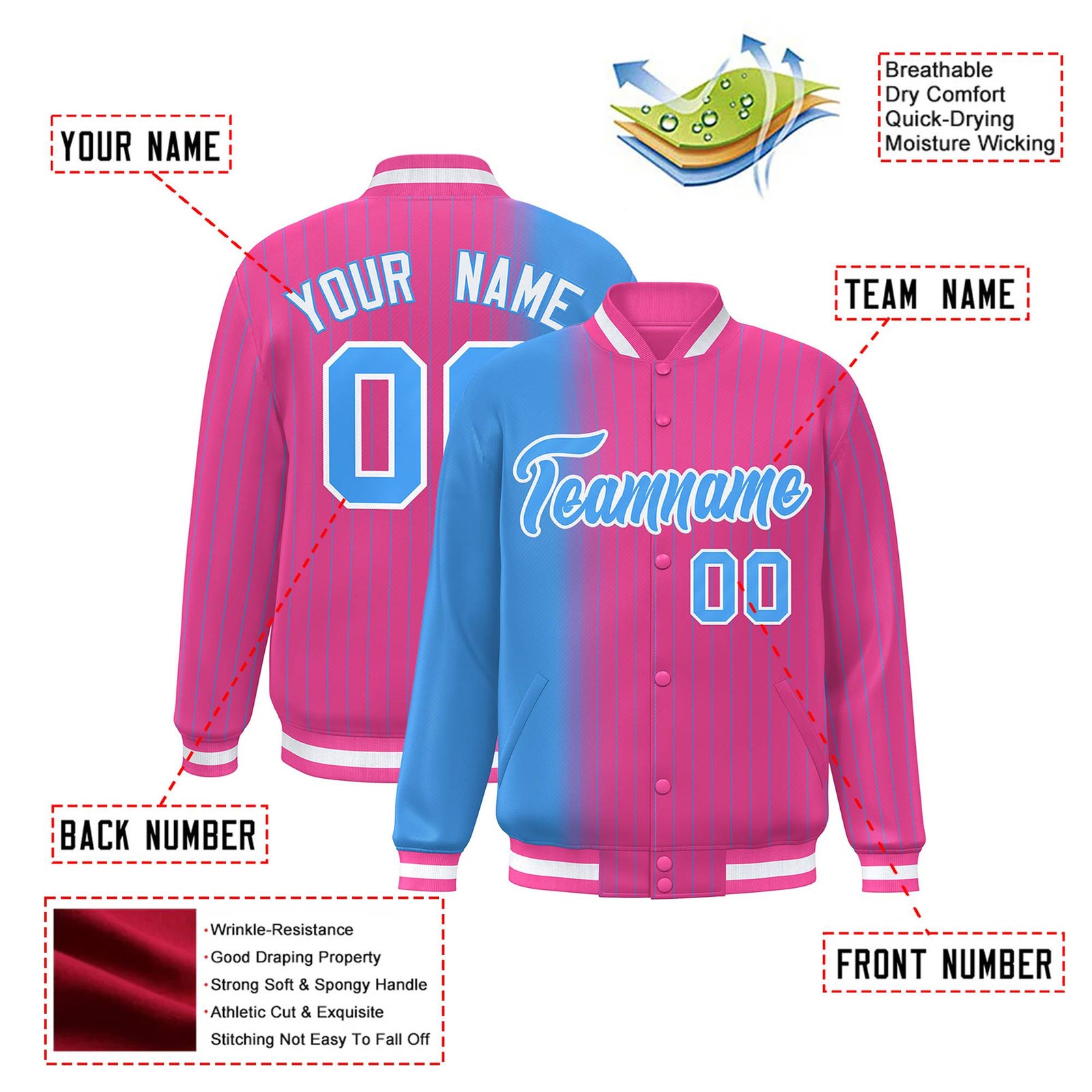 Custom Pink Powder Blue Pinstripe White-Powder Blue Gradient Fashion Varsity Full-Snap Jacket