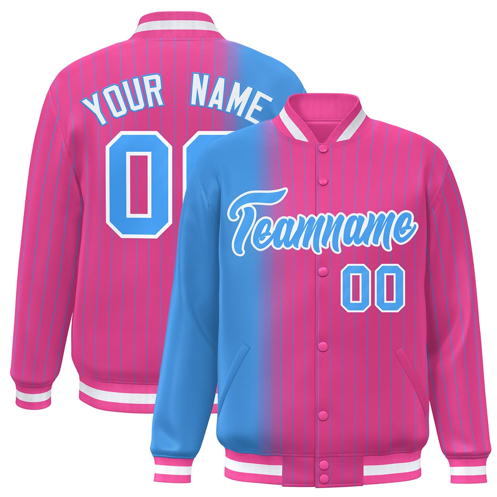 Custom Pink Powder Blue Pinstripe White-Powder Blue Gradient Fashion Varsity Full-Snap Jacket