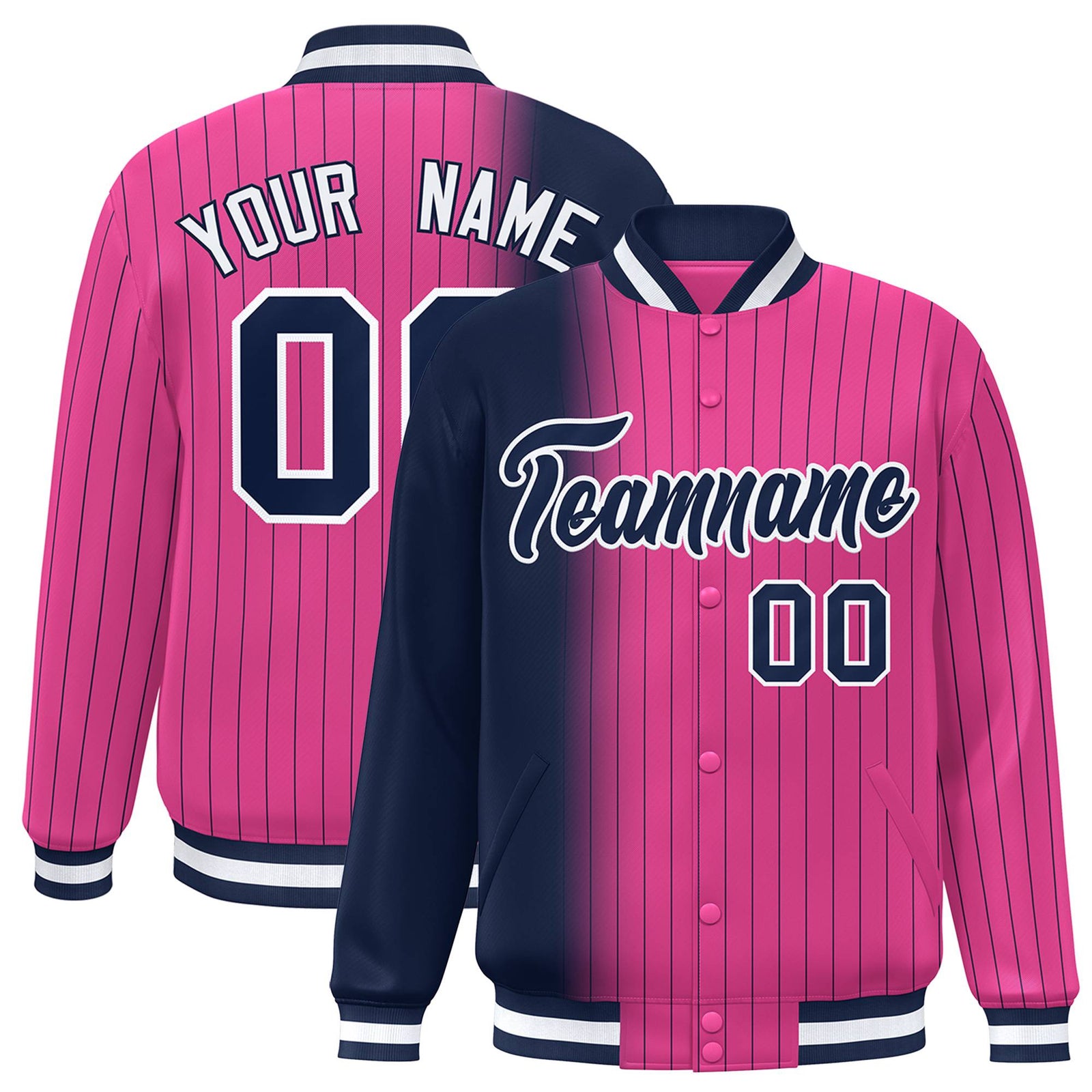 Custom Pink Navy Pinstripe White-Navy Gradient Fashion Varsity Full-Snap Jacket