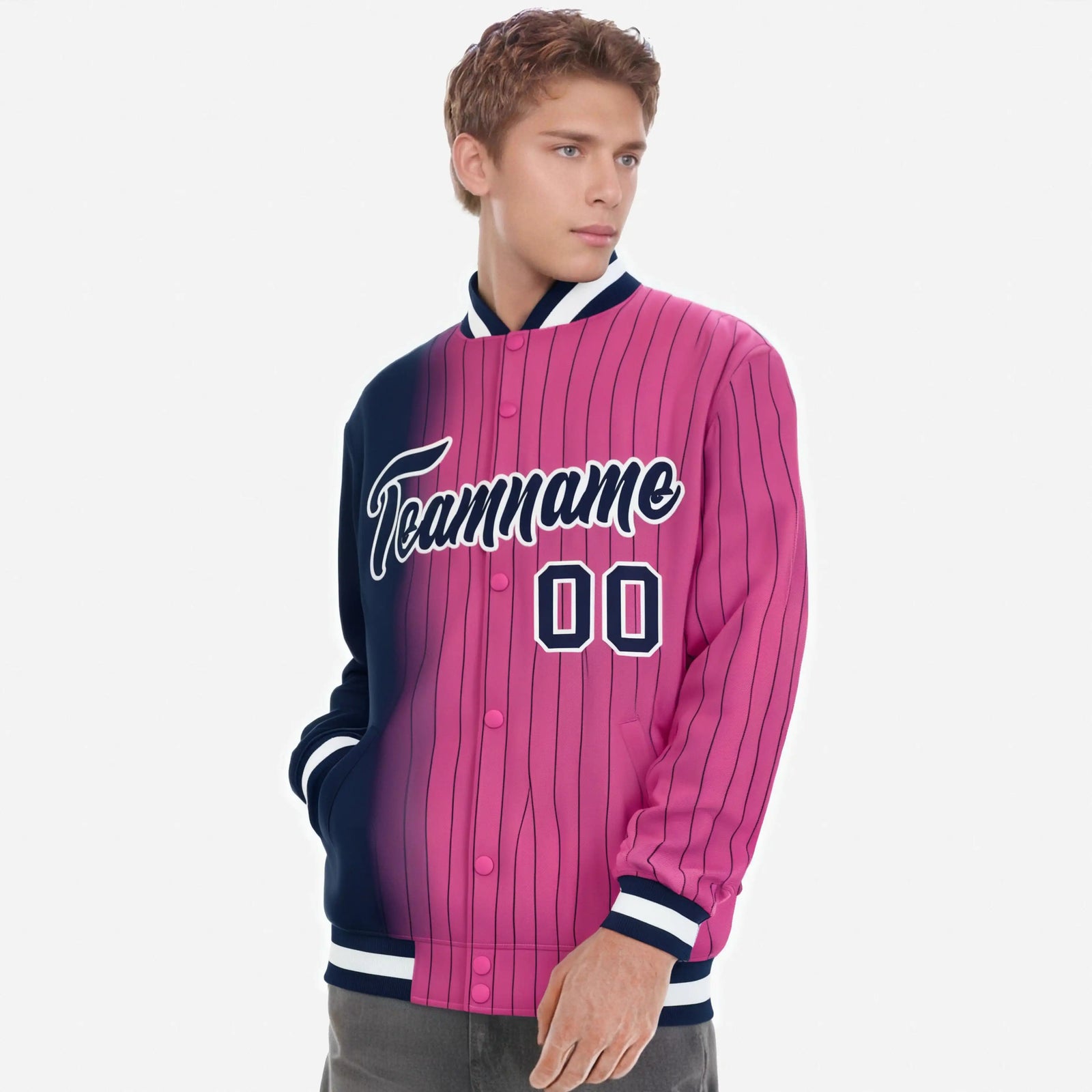 Custom Pink Navy Pinstripe White-Navy Gradient Fashion Varsity Full-Snap Jacket