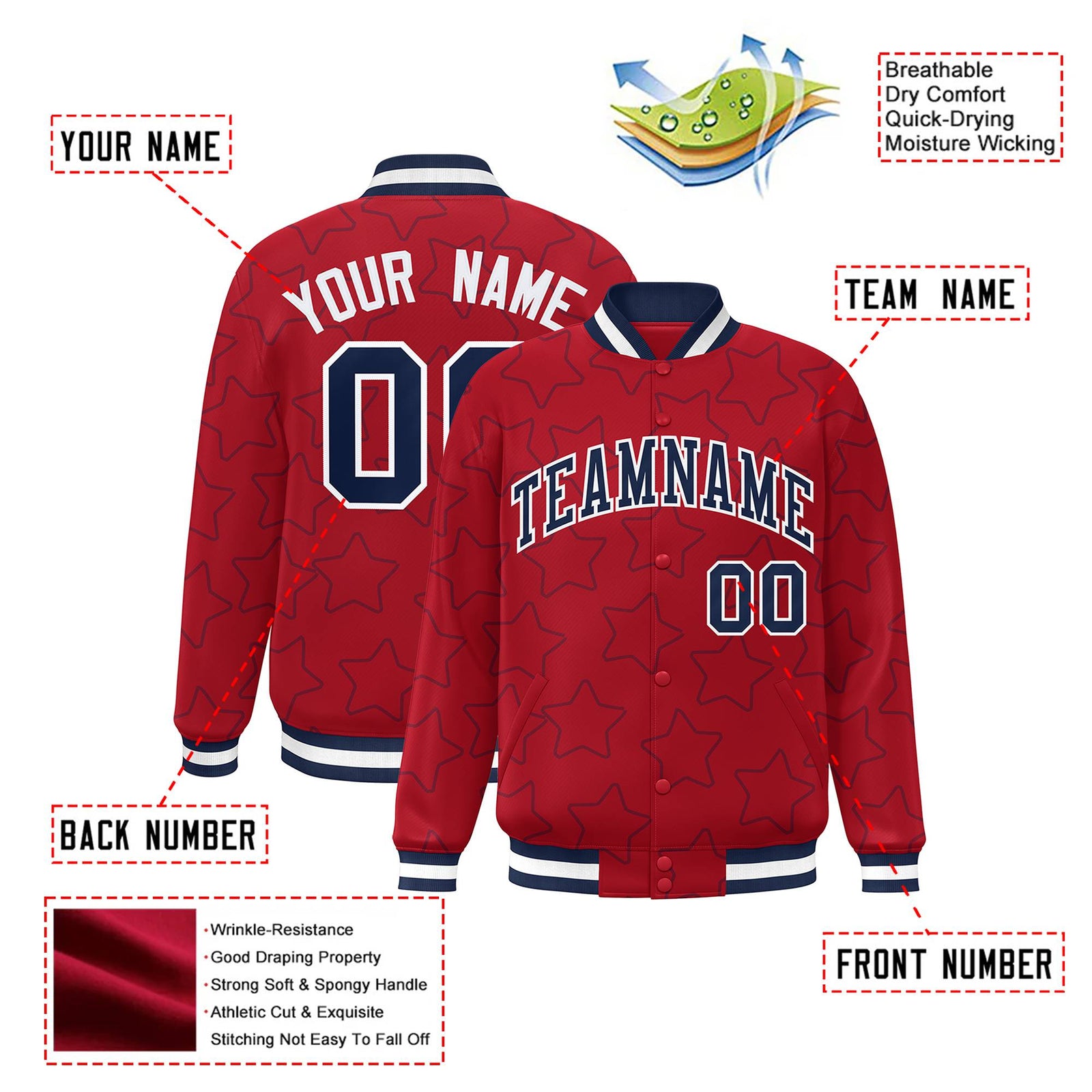 Custom Red Navy Varsity Full-Snap Star Pattern Letterman Baseball Jacket