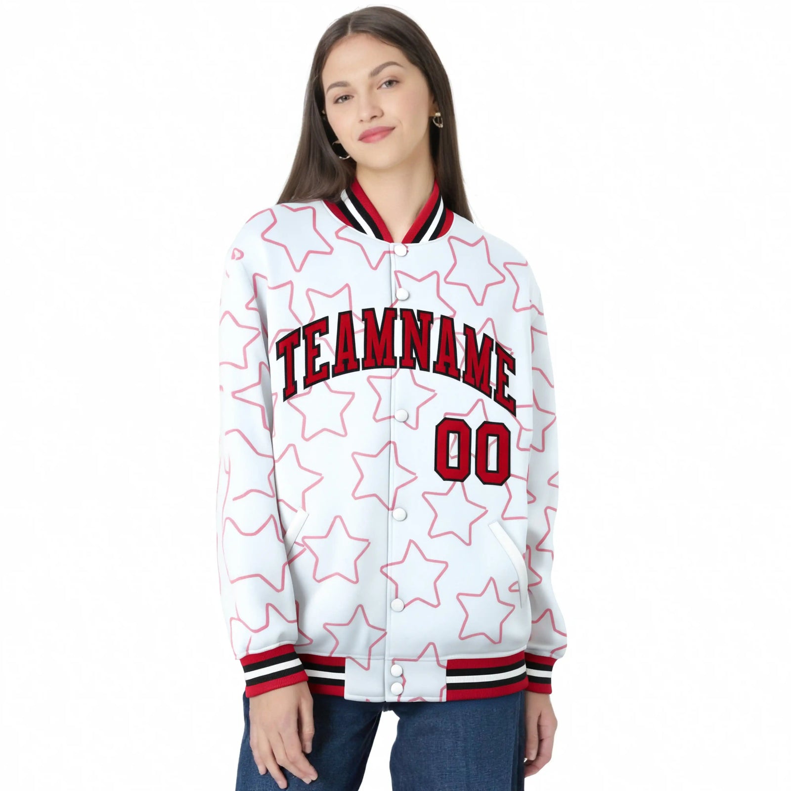 Custom White Red Varsity Full-Snap Star Pattern Letterman Baseball Jacket