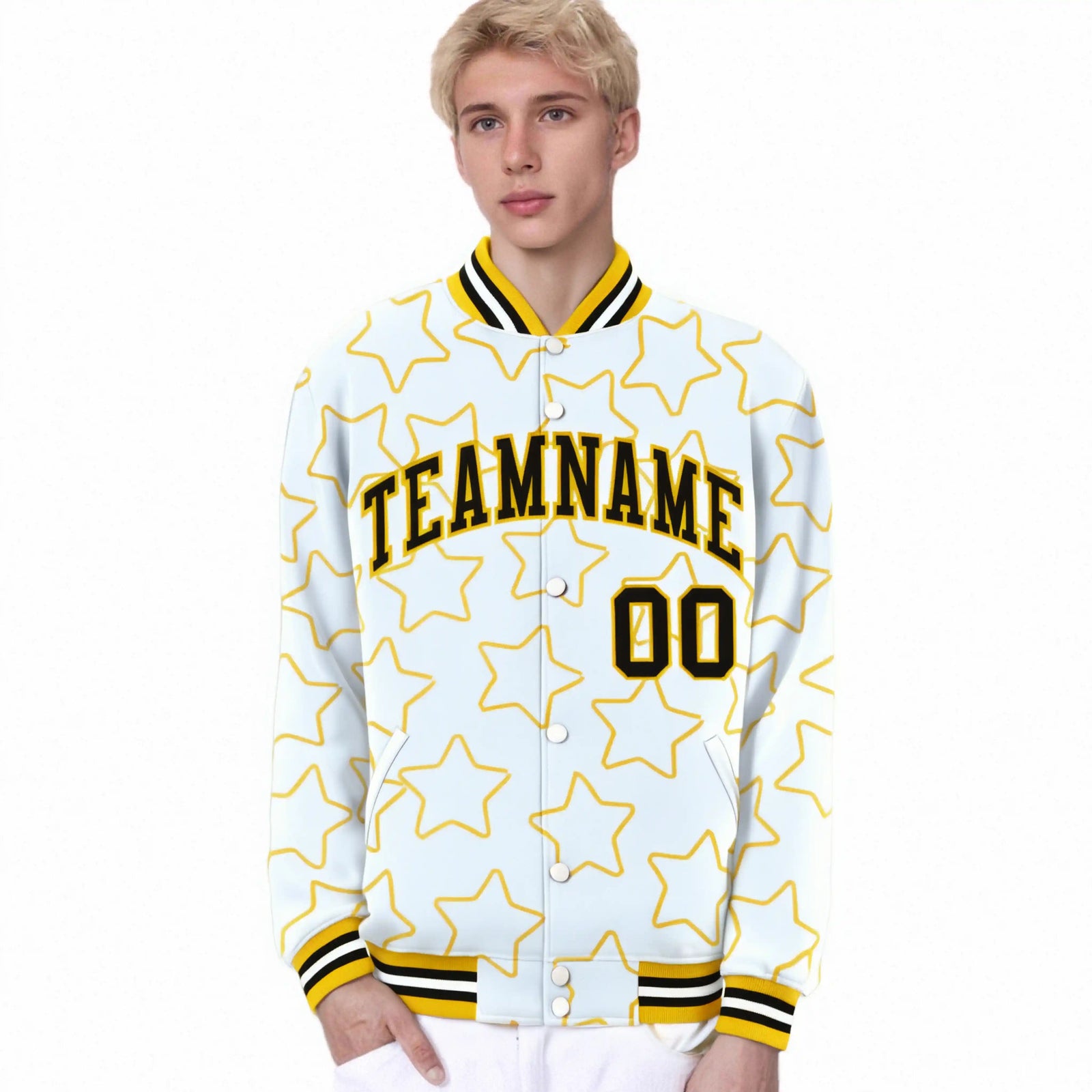 Custom White Black Varsity Full-Snap Star Pattern Letterman Baseball Jacket