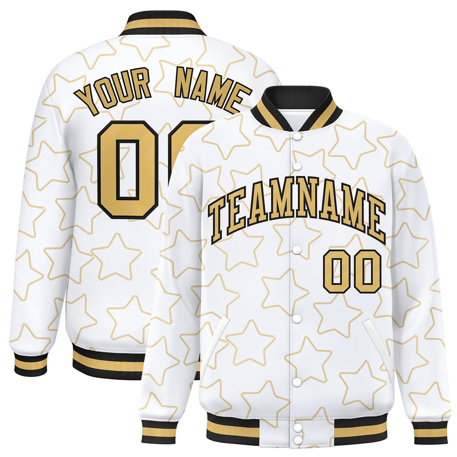 Custom White-Old Gold Varsity Full-Snap Star Pattern Letterman Baseball Jacket