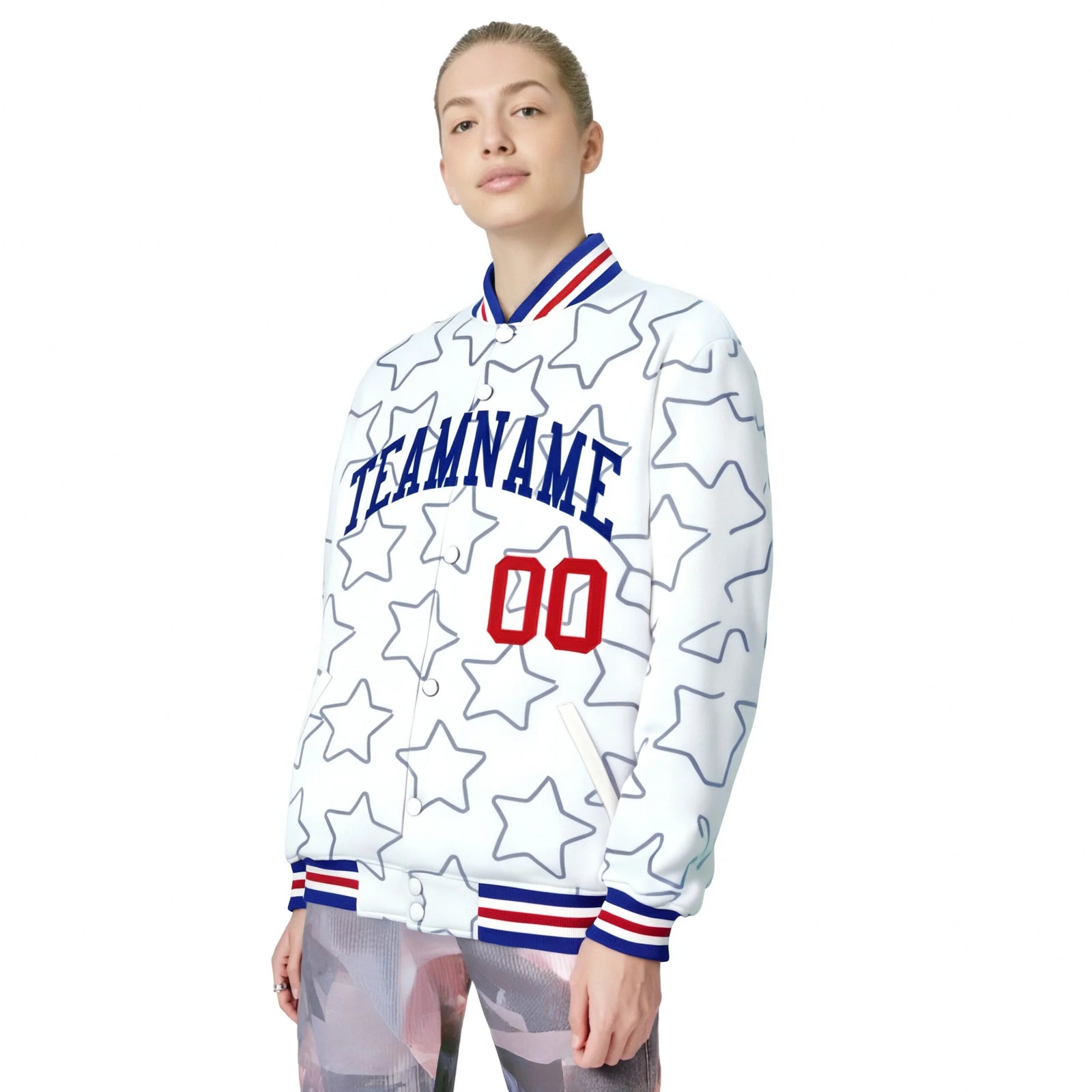 Custom White Royal Blue-Red Varsity Full-Snap Star Pattern Letterman Baseball Jacket