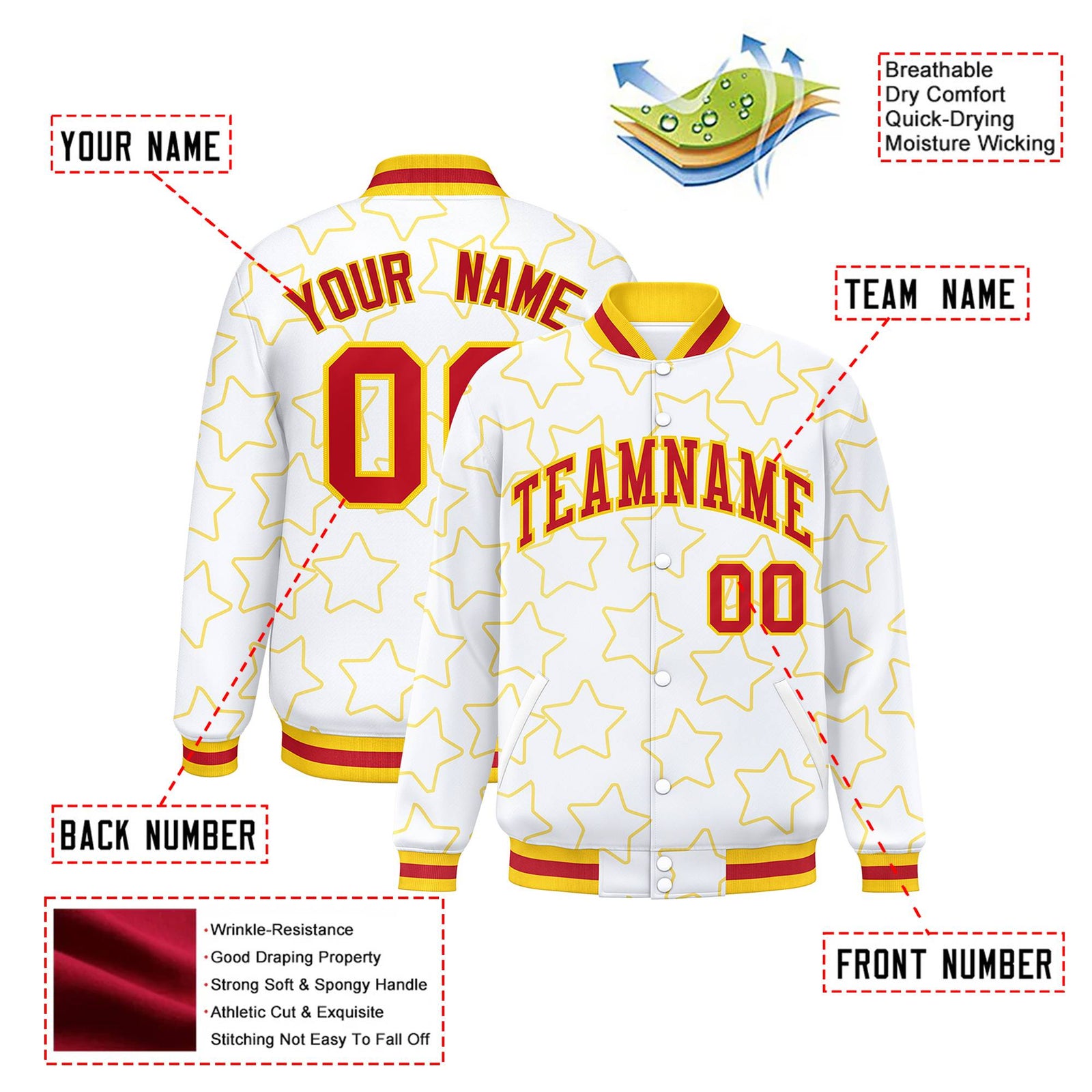 Custom White Red-Gold Varsity Full-Snap Star Pattern Letterman Baseball Jacket