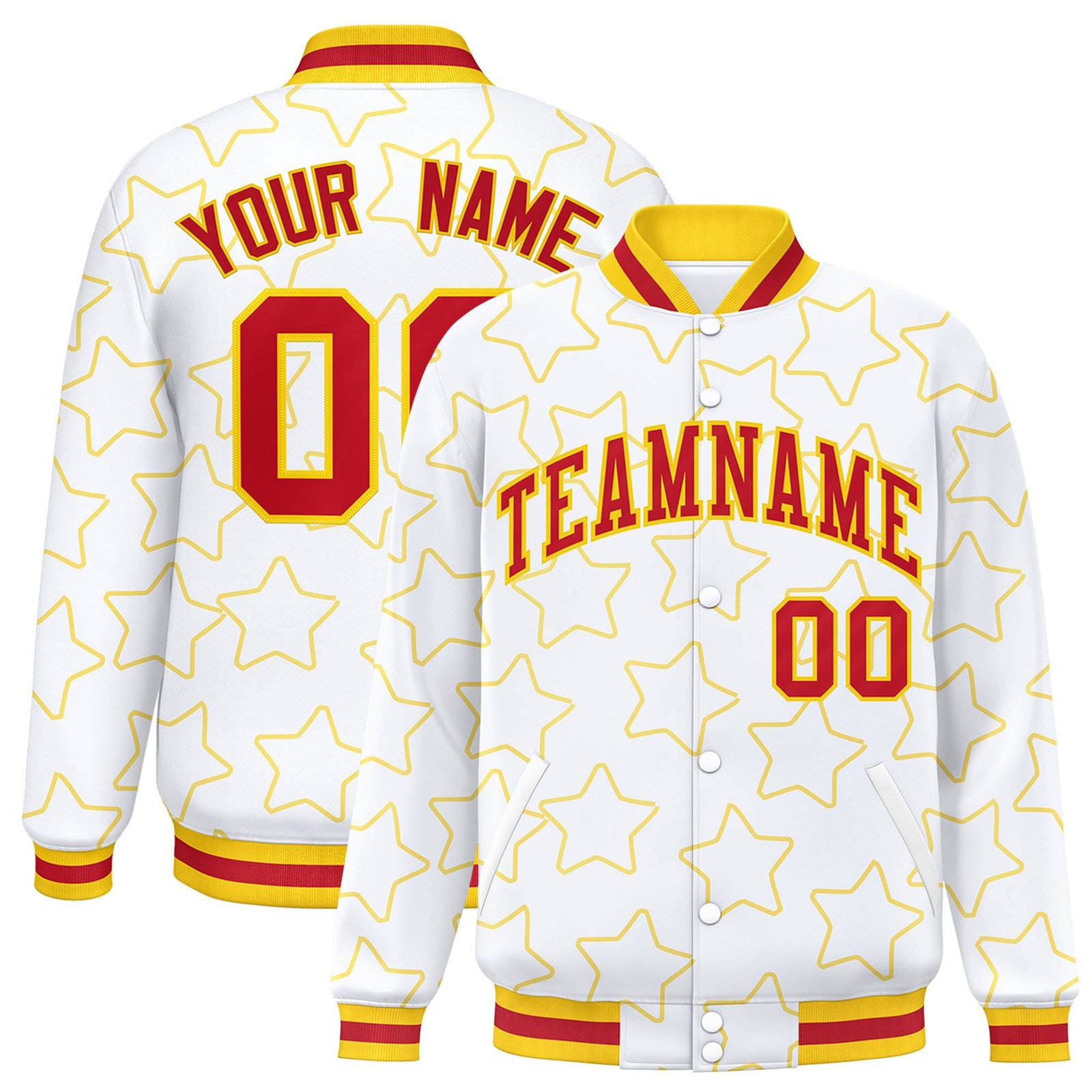 Custom White Red-Gold Varsity Full-Snap Star Pattern Letterman Baseball Jacket