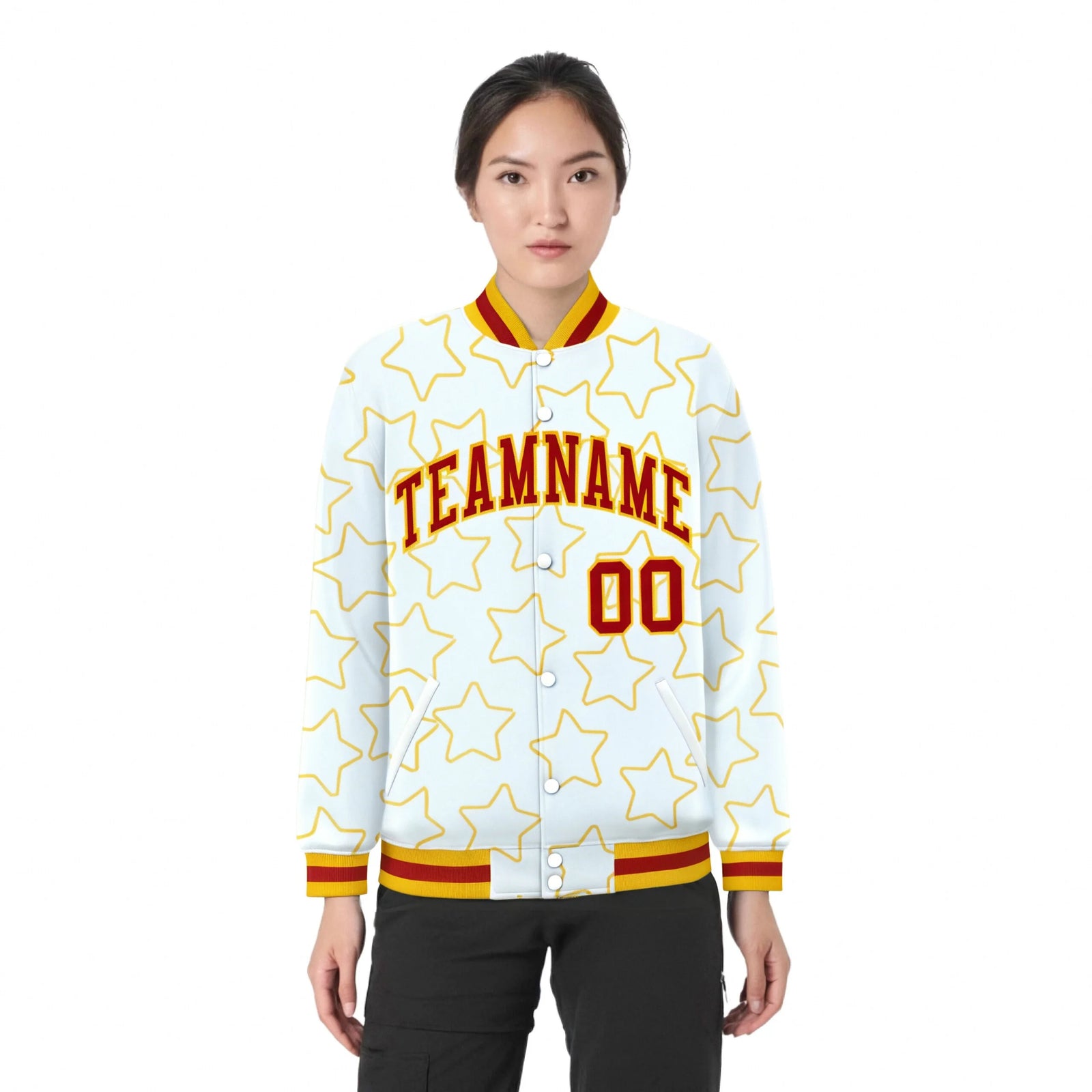 Custom White Red-Gold Varsity Full-Snap Star Pattern Letterman Baseball Jacket