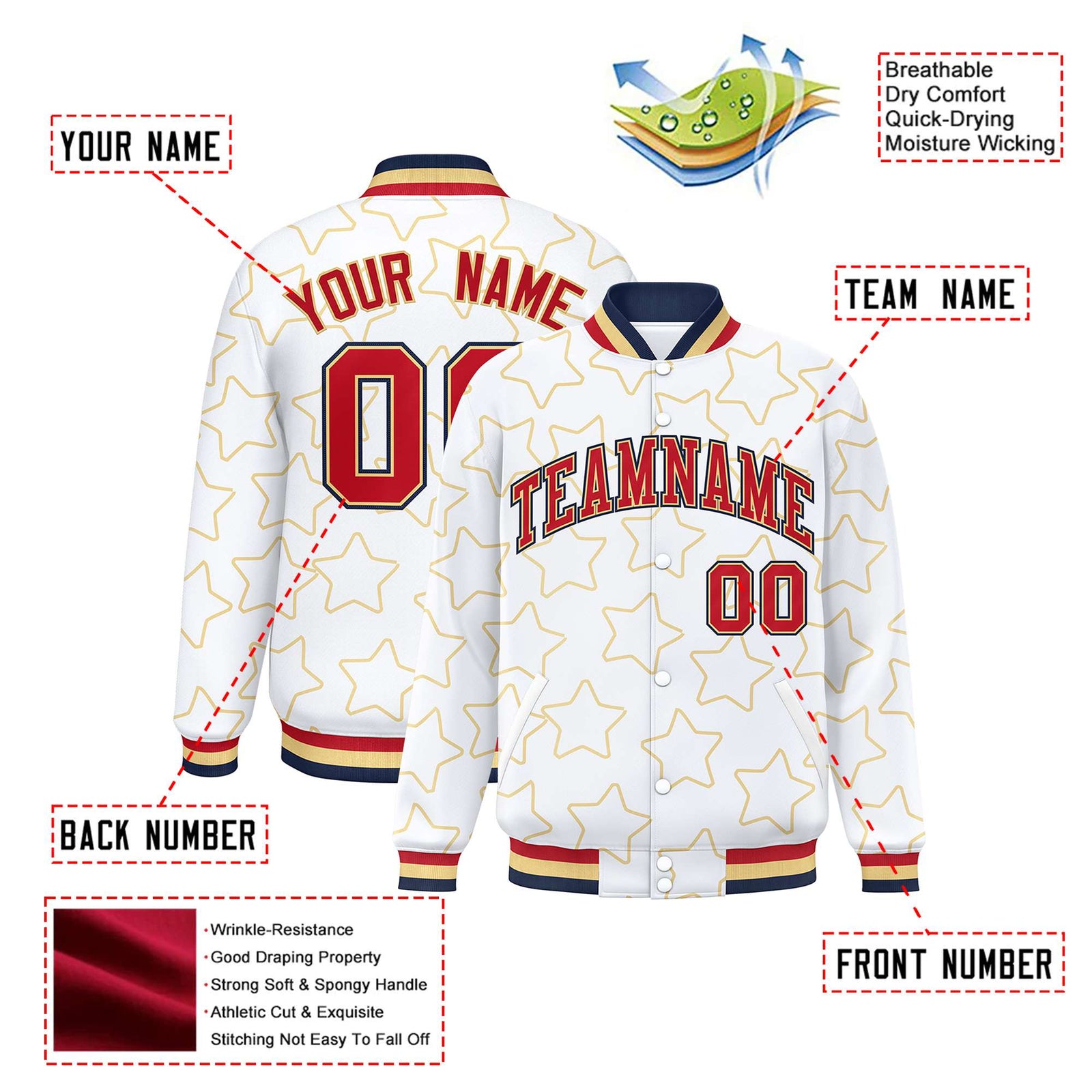 Custom White Red-Navy Varsity Full-Snap Star Pattern Letterman Baseball Jacket
