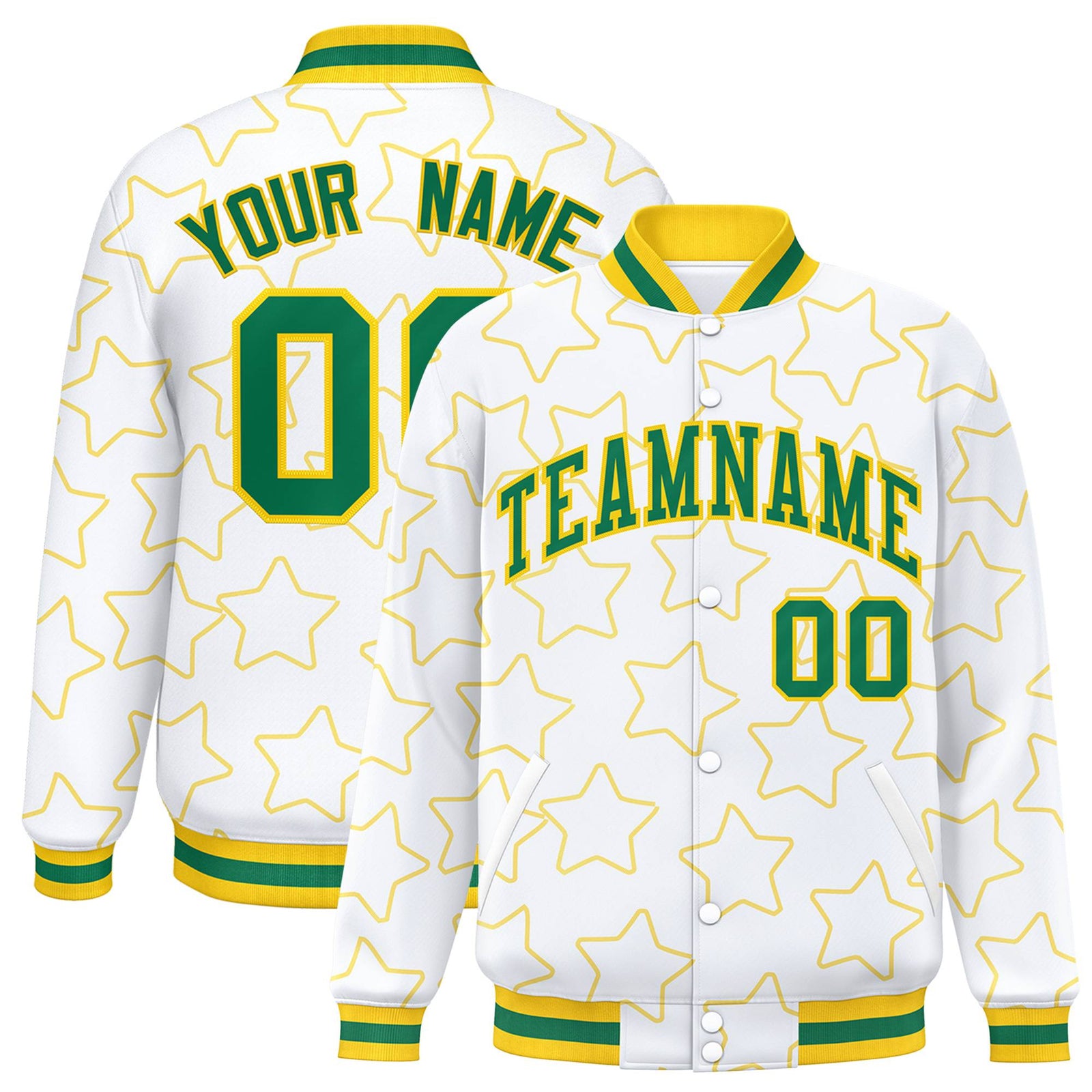 Custom White Neon Green-Gold Varsity Full-Snap Star Pattern Letterman Baseball Jacket
