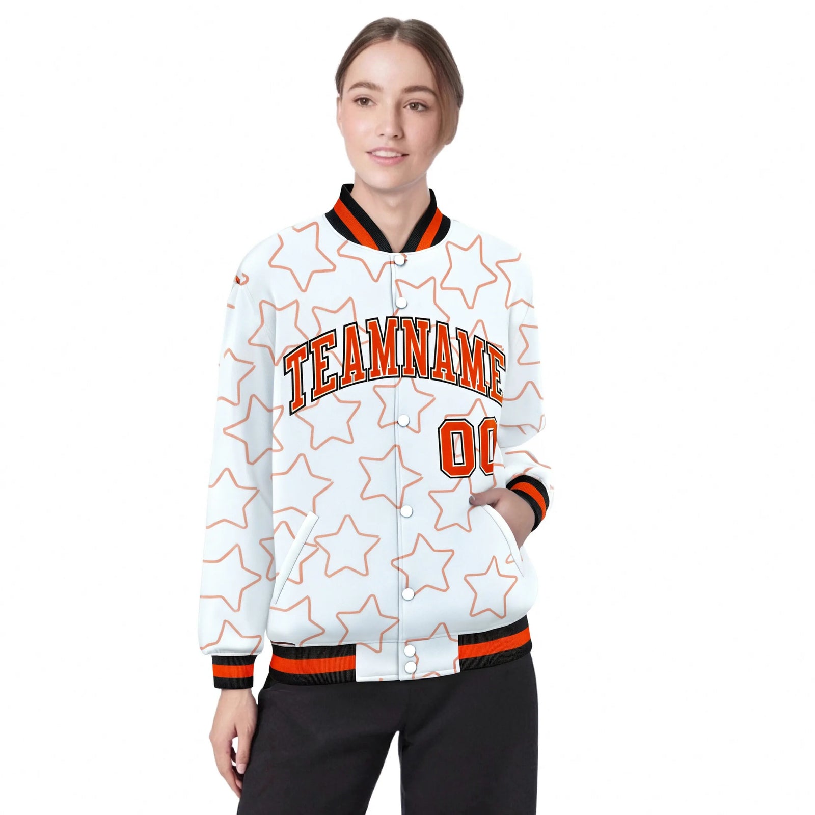 Custom White Orange-Black Varsity Full-Snap Star Pattern Letterman Baseball Jacket